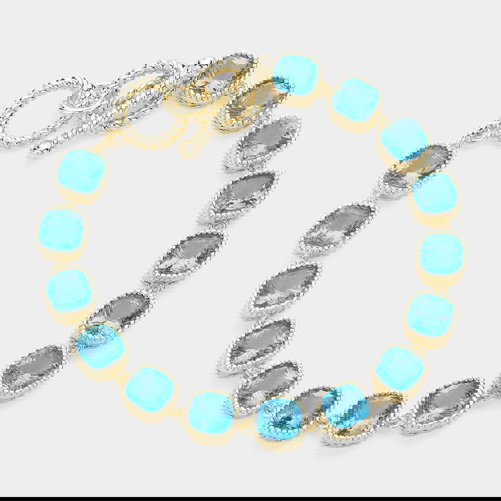 14K Gold Plated Aqua Blue Square Cubic Zirconia Link Toggle Bracelet for Women - Elegant Evening Wear, Party Jewelry Gift