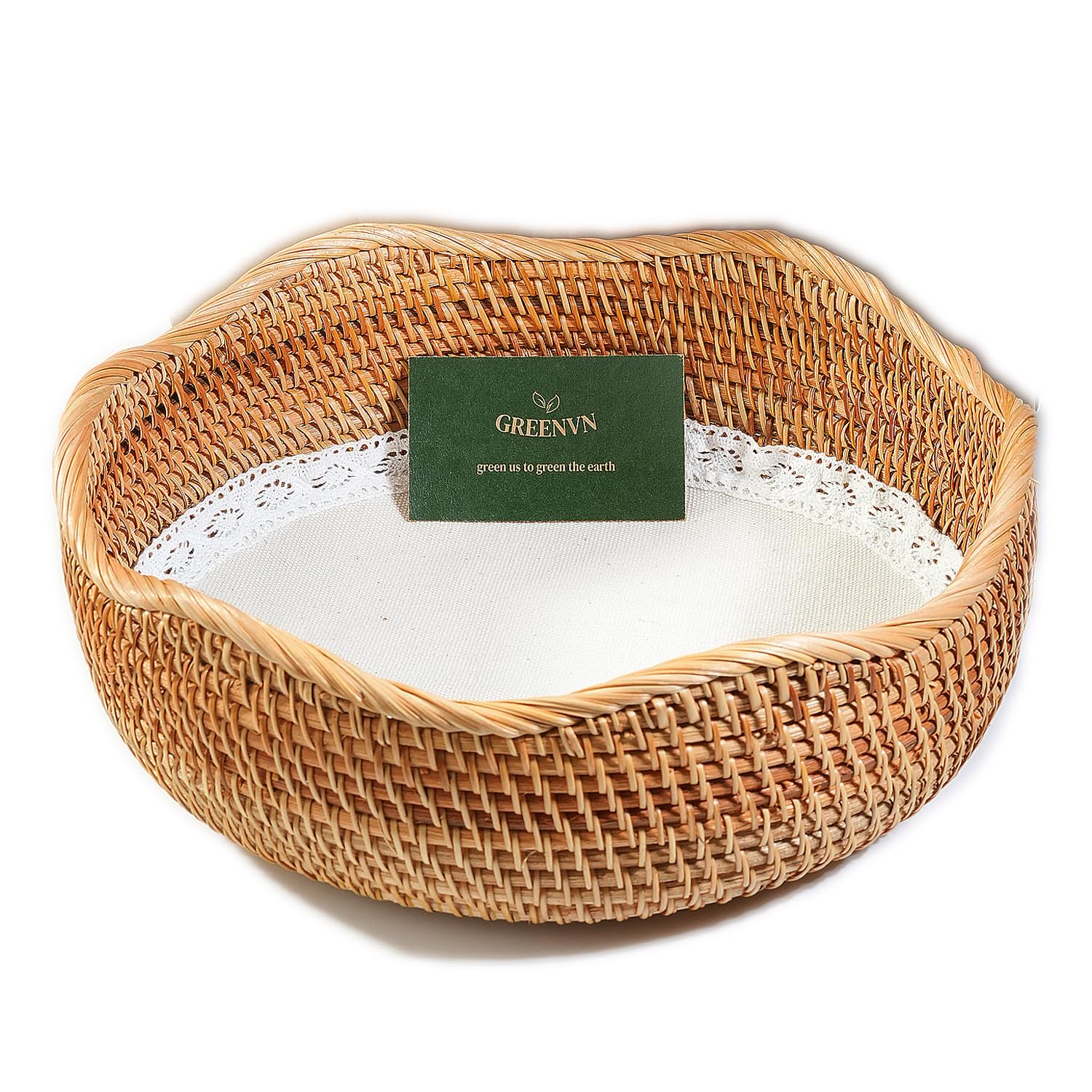 Round Rattan Wicker Bread Basket with Removable White Liner - 11