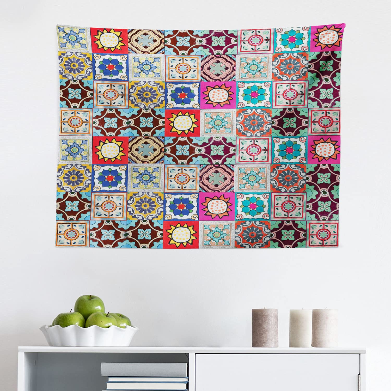 Ambesonne Moroccan Tapestry Wall Art - Ceramic Mosaic Tile Geometric Pattern Fabric Wall Hanging Decor for Bedroom, Living Room, Dorm - 28x23 Inches Multicolor | Boho Home Decor, Meditation Space Accent