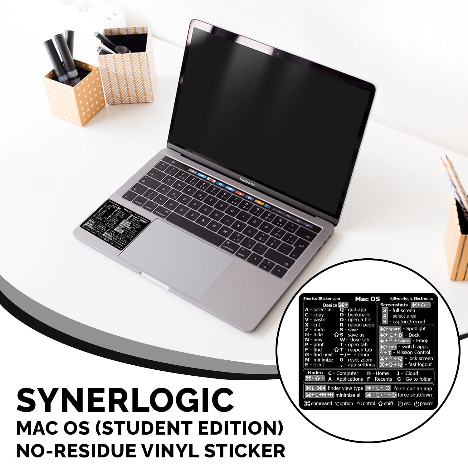 Synerlogic Universal Mac OS Keyboard Shortcut Sticker - No-Residue Laminated Vinyl for MacBook Air/Pro/iMac/Mini (Black) | Essential Mac Productivity Tool for Office Work & Programming