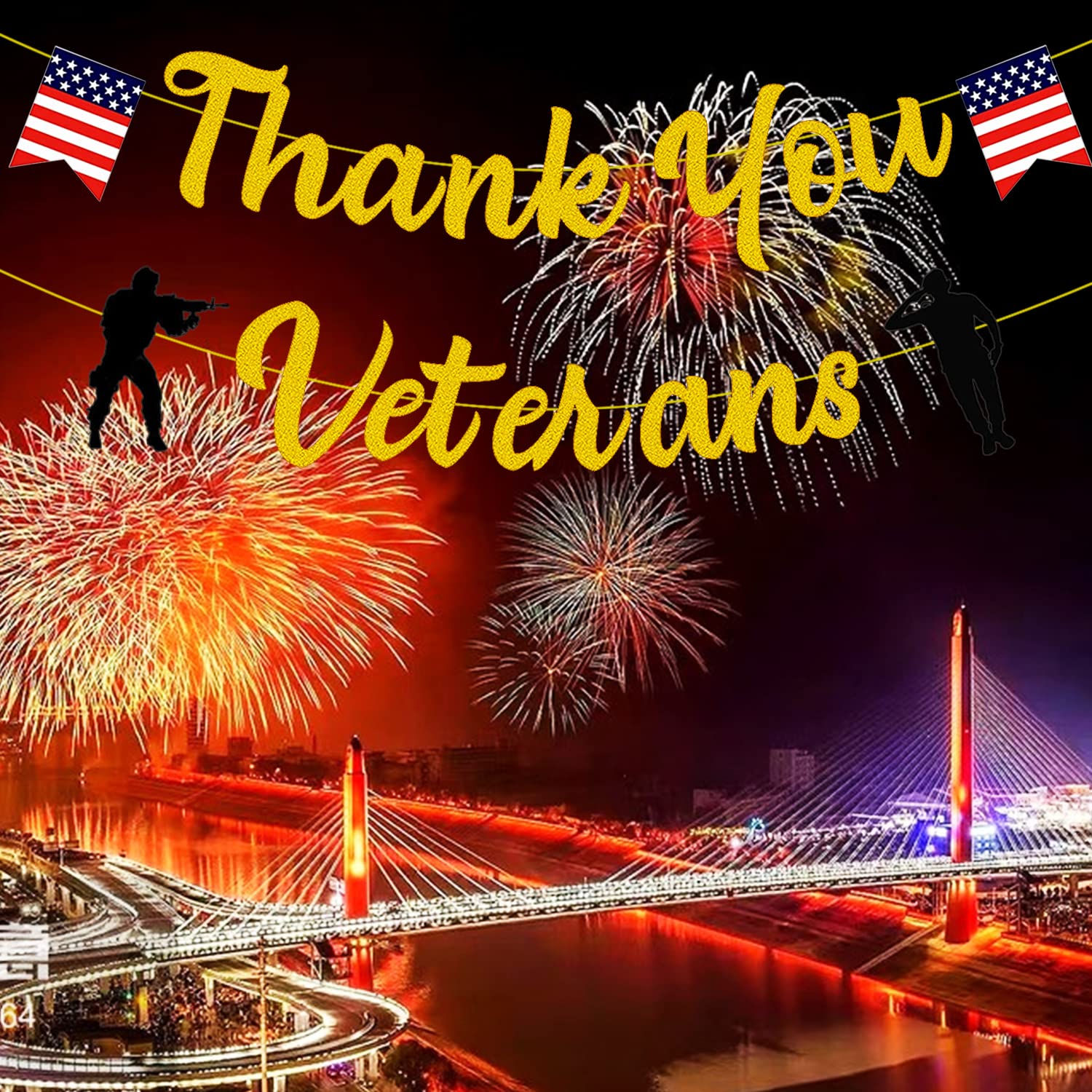 Gold Glitter Thank You Veterans Banner - Patriotic American Flag Decor for Veterans Day Party, Military Appreciation Events & Home Decoration | Land of the Free Because of the Brave Soldier Banner