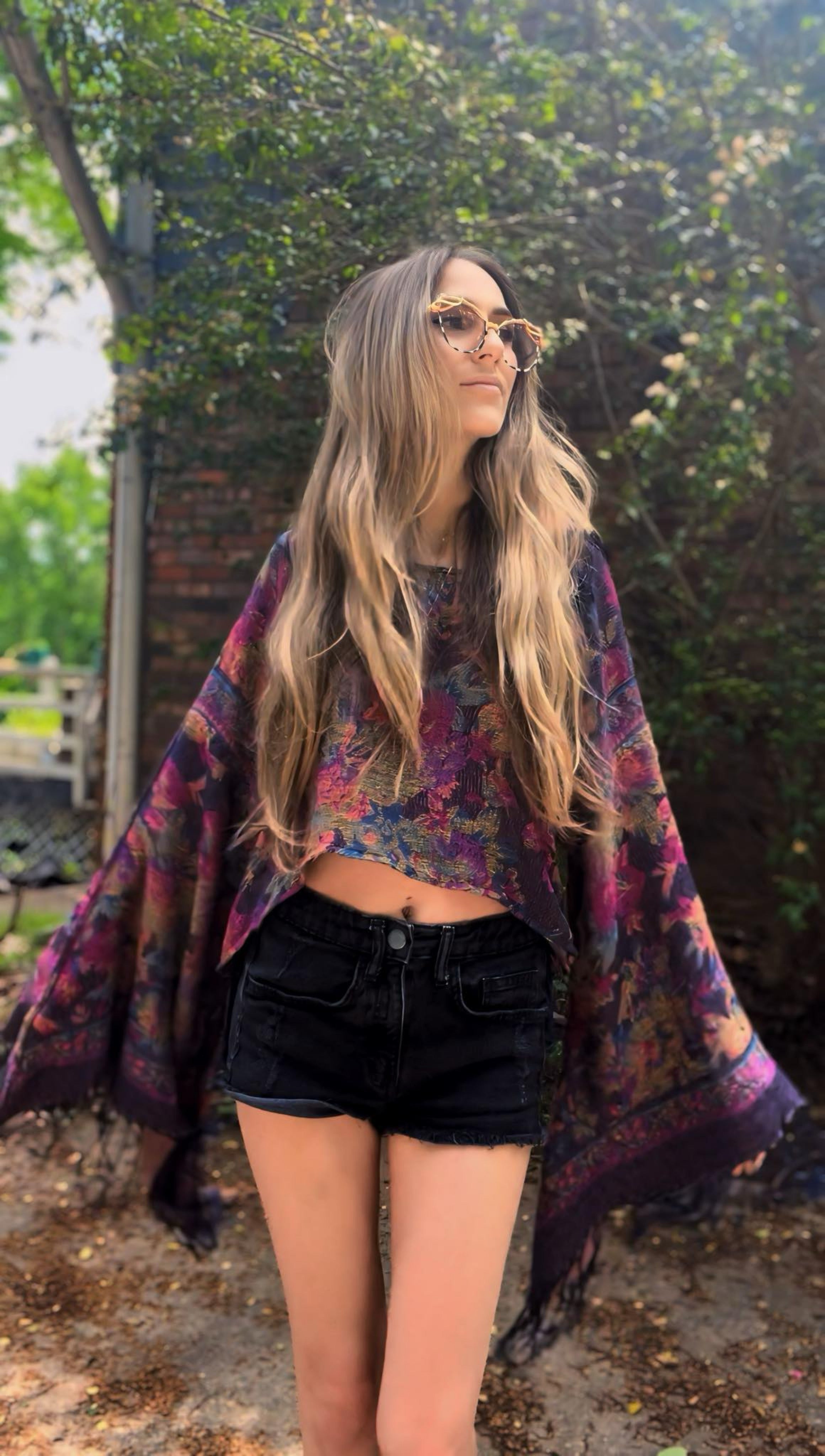 Butterfly Bell Pashmina Top - Elegant Dark Gardens Print for Women | Perfect for Boho Festivals, Evening Parties & Casual Outings