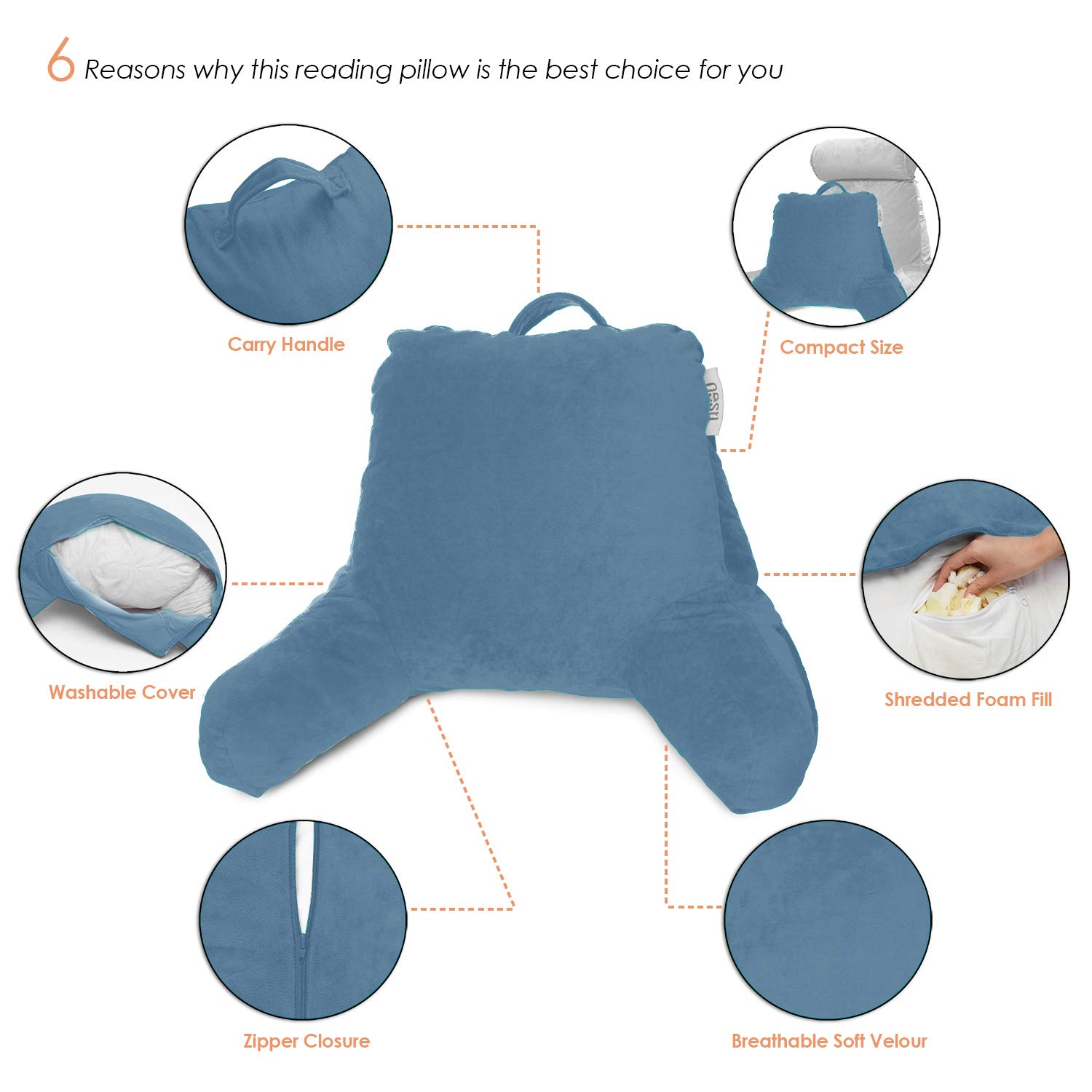 Shredded Memory Foam Reading Pillow for Bed - Blue Heaven Back Support Pillow with Pockets, Perfect for Sitting in Bed, Reading, Watching TV & Relaxing