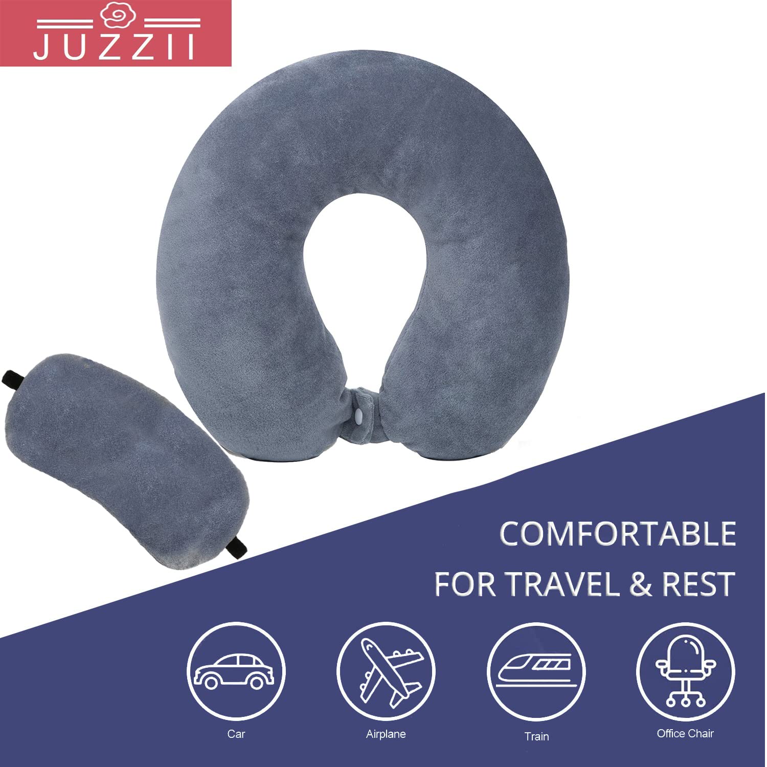 Juzzii Velvet Neck Pillow & Eye Mask Set - Ultra Soft Travel Pillow with Adjustable Strap for Airplane, Car, Office & Home Use - Perfect for Long Flights, Road Trips & Nap Time (Grey)