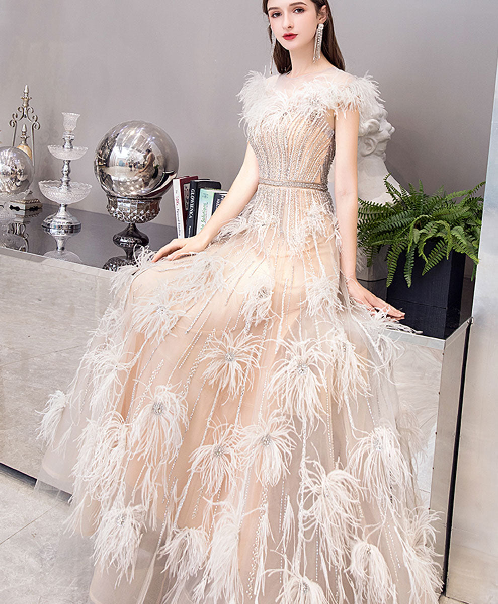 Elegant Champagne Tulle Beaded Long Prom Dress - Formal Evening Gown for Women | Perfect for Homecoming, Wedding Guest & Special Occasions
