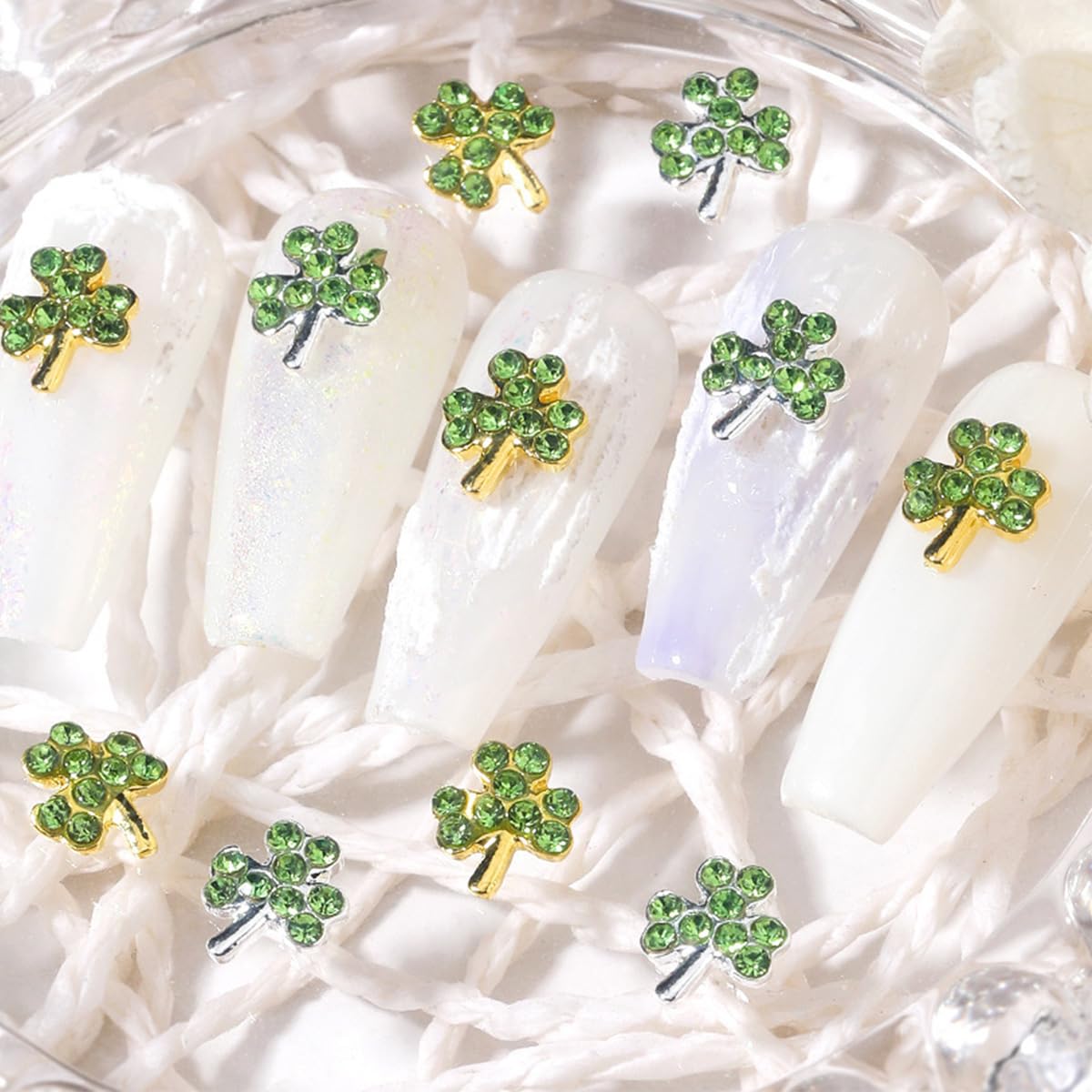 20Pcs St. Patrick's Day 3D Alloy Nail Charms - Green Shamrock Rhinestones, Gold Silver Glitter Nail Art Decorations for Women | Irish Nail Gems for Acrylic Manicure, Salon & DIY Nail Art | Perfect for St. Patrick's Parties, Nail Art Competitions & Festive Celebrations
