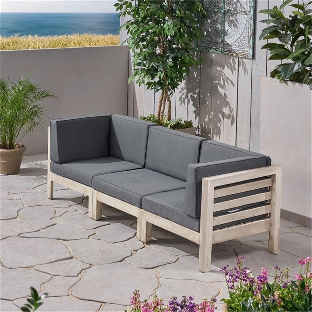 Noble House Oana Outdoor Acacia Wood Sofa with Weather-Resistant Cushions in Gray/Dark Gray - Perfect for Patio, Garden, and Poolside Relaxation