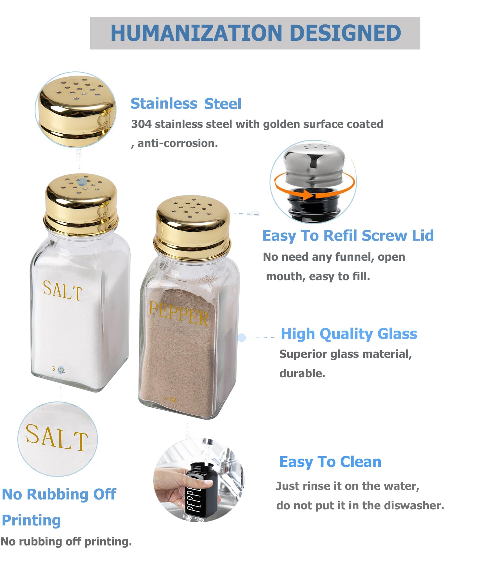 Premium Gold & Clear Glass Salt and Pepper Shakers Set - Modern Kitchen Decor with Stainless Steel Lids - Elegant White & Gold Dining Accessories for Home, Wedding Gift & Restaurant Use - Perfect for Table Setting, Dinner Parties & Everyday Cooking