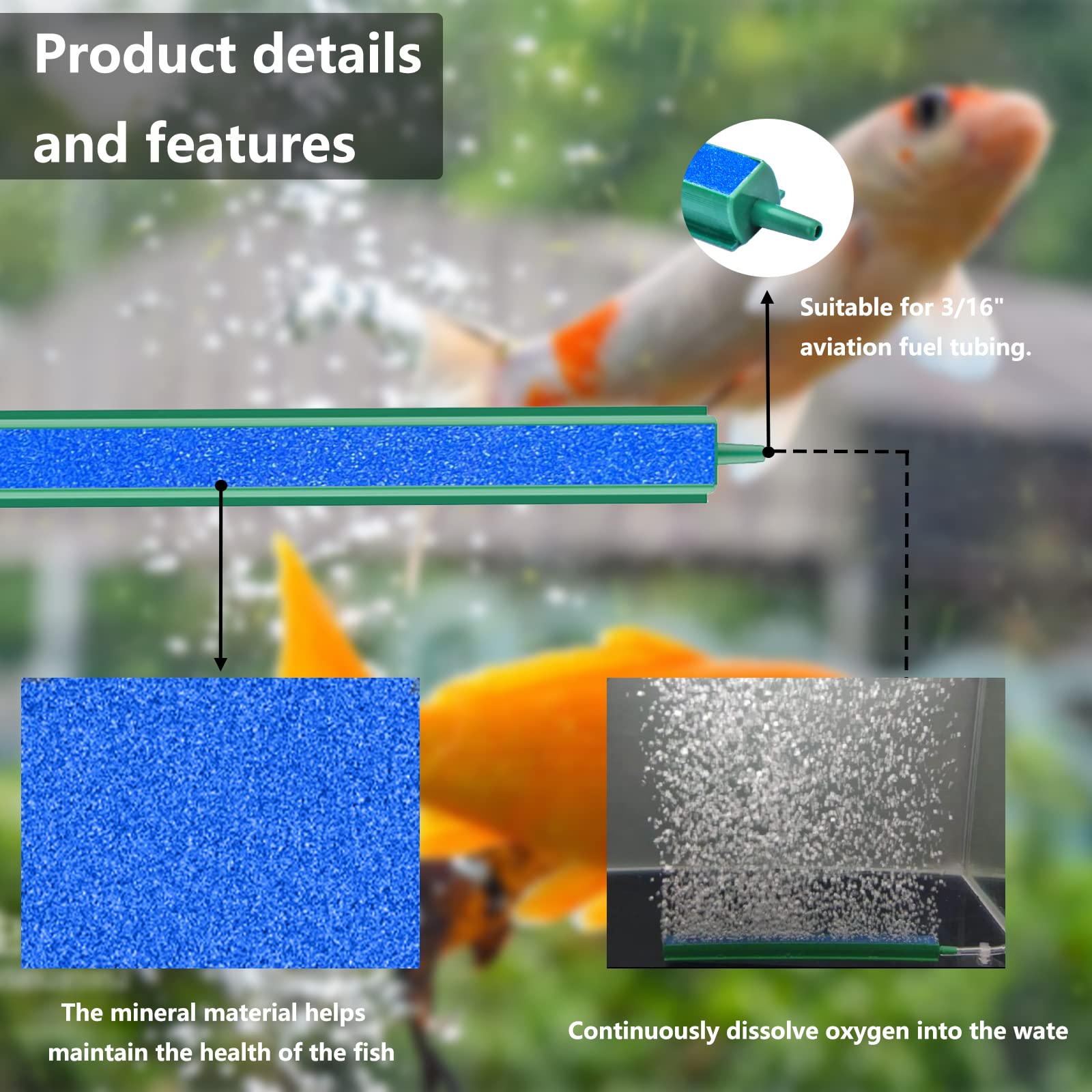 8 Inch Air Stone Bar Bubble Diffuser Set with Suction Cups - Aquarium Air Stone for Fish Tank Oxygenation - Perfect for Freshwater/Saltwater Tanks, Hydroponics & Pond Aeration
