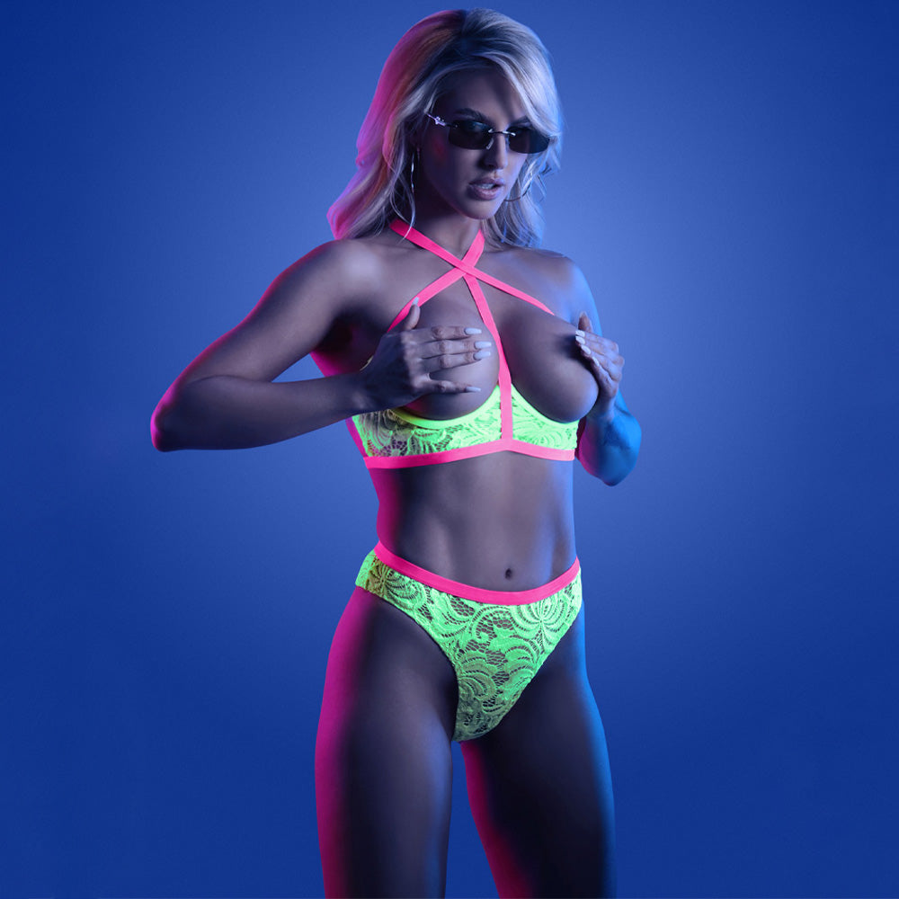 Sexy Glow in the Dark Lace Bra and Panty Set - Fantasy Lingerie for Women, Open Cup Design with Adjustable Straps - Perfect for Valentine's Day, Anniversary Gifts or Romantic Nights