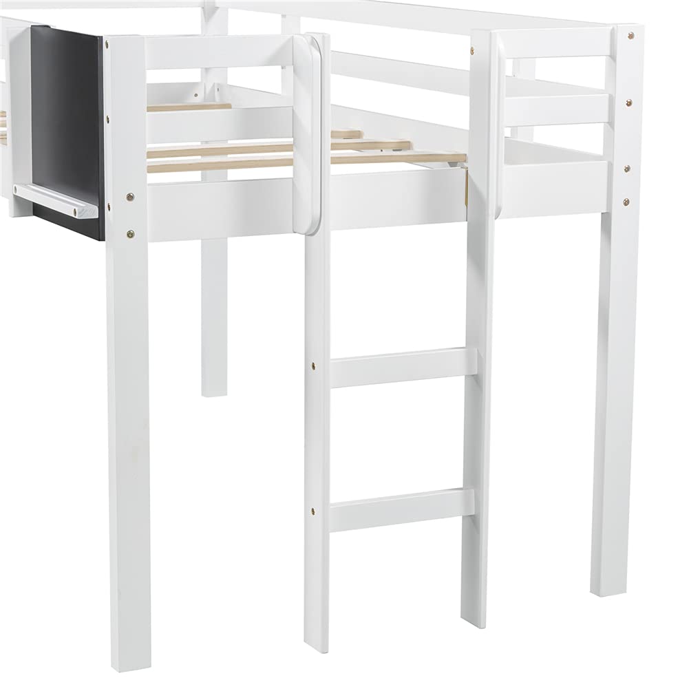 Low Loft Bed Twin Size - Pinewood Bed Frame with Convertible Slide, Chalkboard, Ladder & Guardrails - Under-Bed Storage Space - White - Perfect for Kids' Bedrooms, Small Spaces & Dorm Rooms