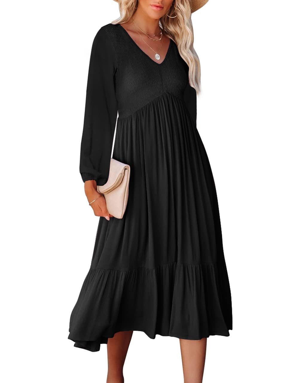 Zwurew Women's V-Neck Smocked Midi Dress - Long Sleeve A-Line Flowy Dress for Casual, Office & Special Occasions