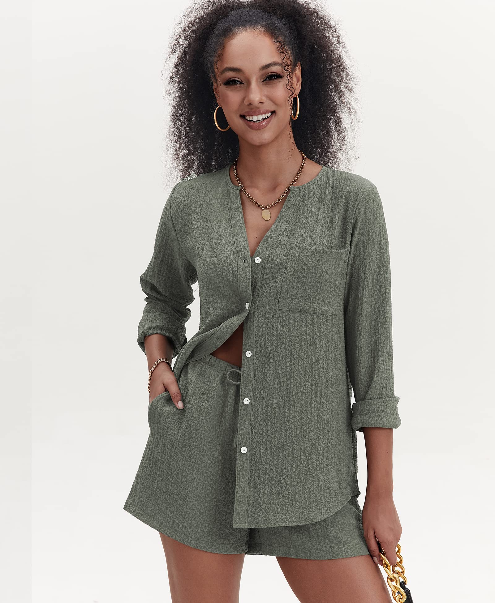 Ekouaer Women's 2-Piece Summer Lounge Set - V-Neck Button Down Shirt & Shorts with Pockets | Comfortable Loungewear for Home, Travel & Casual Outings
