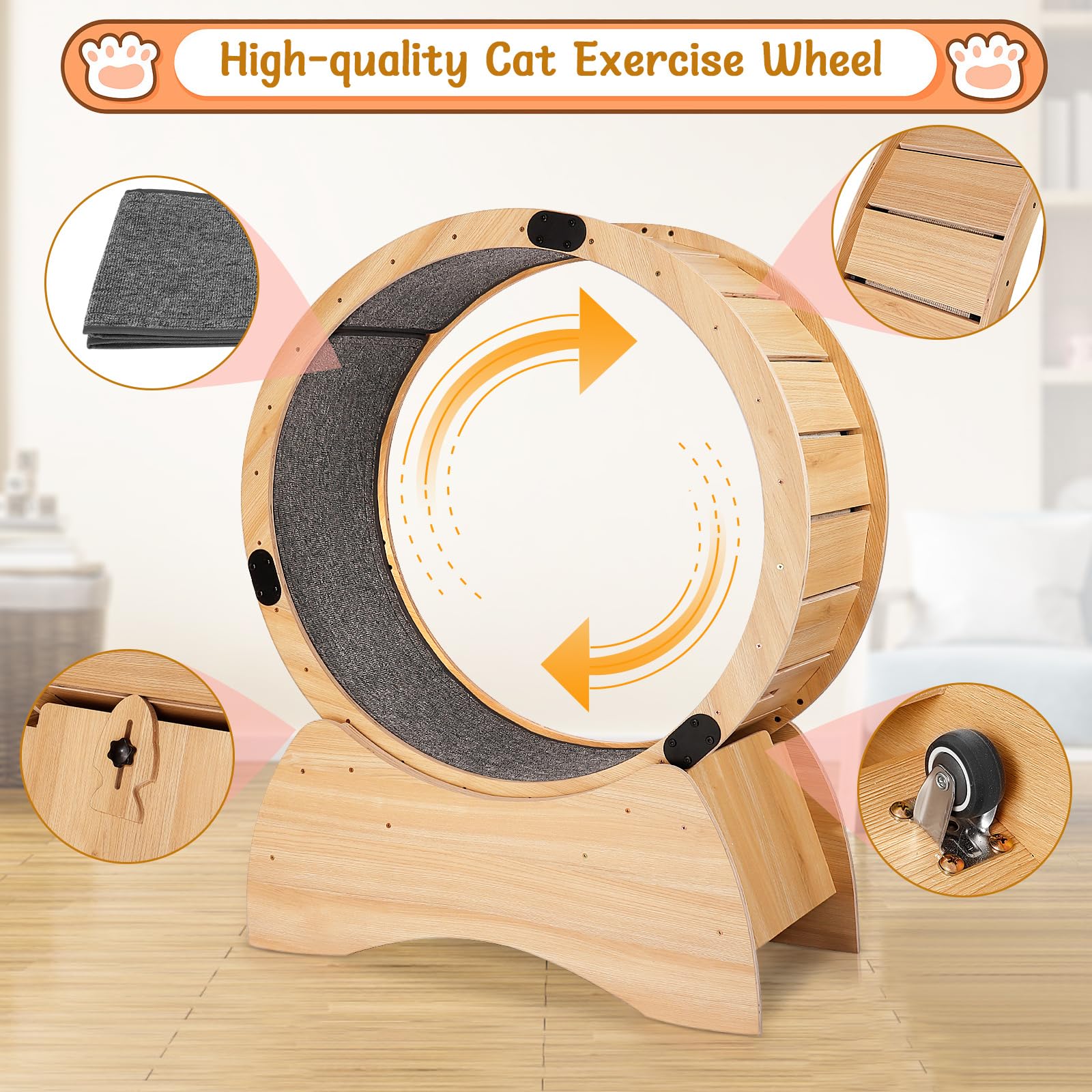 Premium Solid Wood Cat Exercise Wheel - Natural Oak Pet Running Wheel for Weight Loss & Daily Fitness - Fun Spinning & Scratching Activity Toy for Indoor Cats