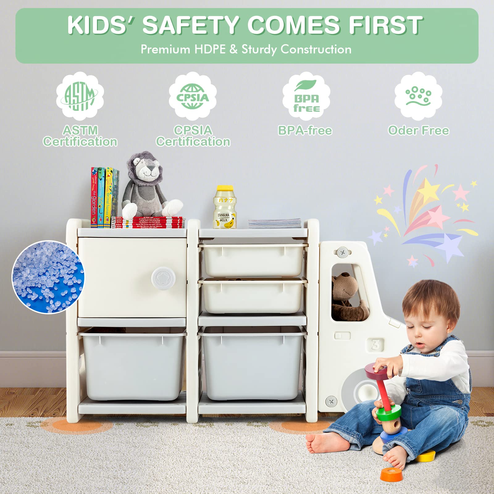 Costzon Kids Toy Organizer & Storage - 2 Large Bins, 2 Drawers, Open Shelf - Multifunctional Toy Chest & Bookcase for Playroom, Bedroom, Nursery (Beige) | Perfect for Organizing Toys, Books & Kids' Room Decor