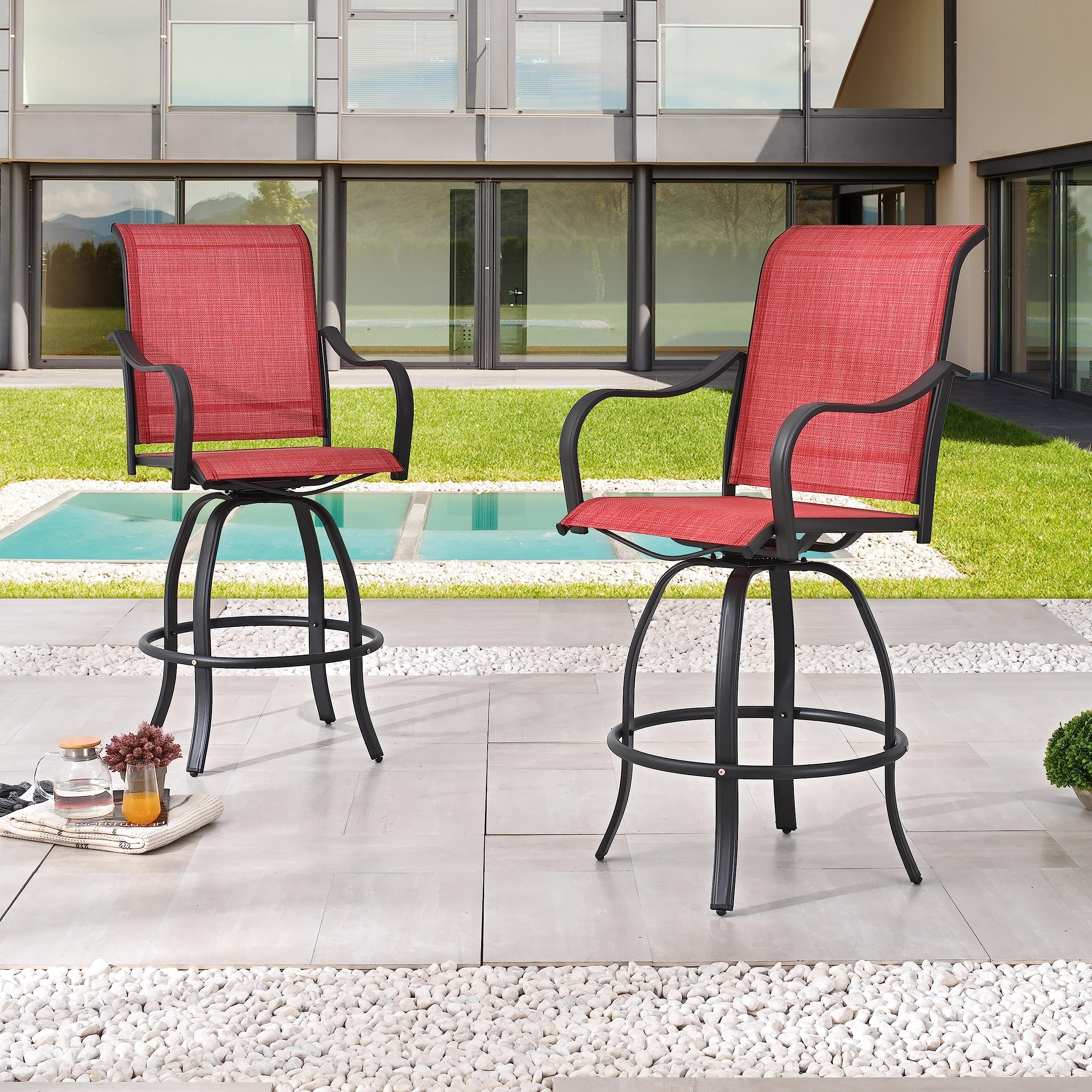 9-Piece Outdoor Patio Swivel Bar Stool Set with 3 Glass Top Tables - All-Weather Bistro Height Dining Chairs for Backyard, Poolside & Restaurant Use (Red) - PatioFestival Durable Patio Furniture