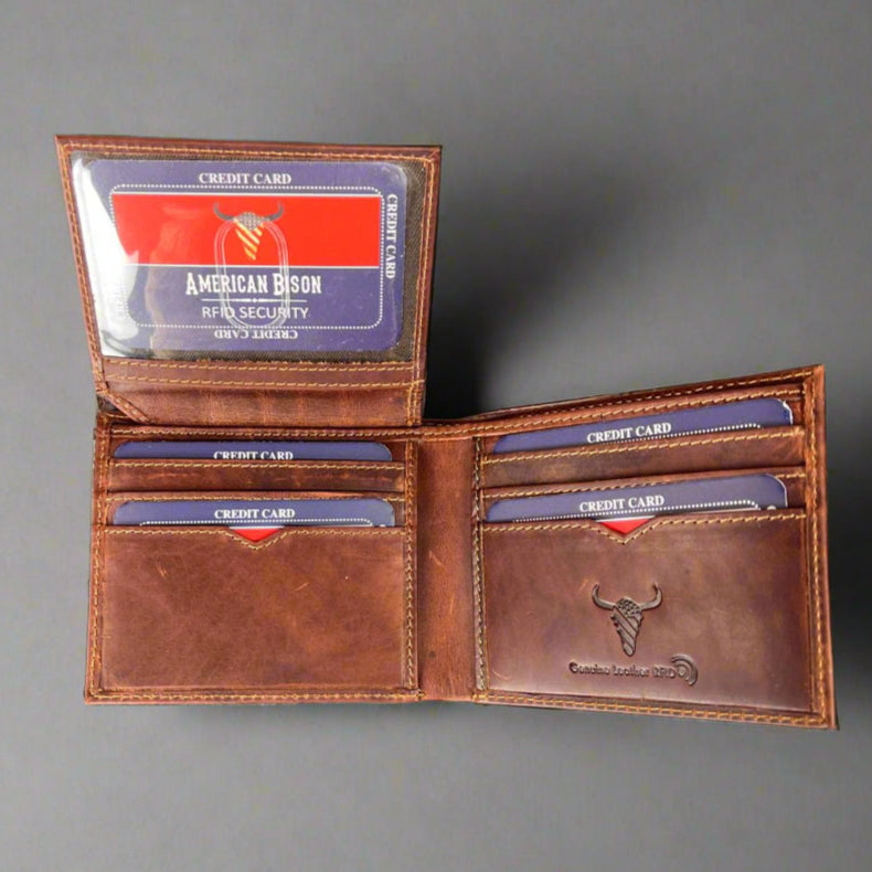 Men's Genuine Cow Leather Bifold Flip Up Wallet - Slim RFID Blocking for Everyday Use & Travel