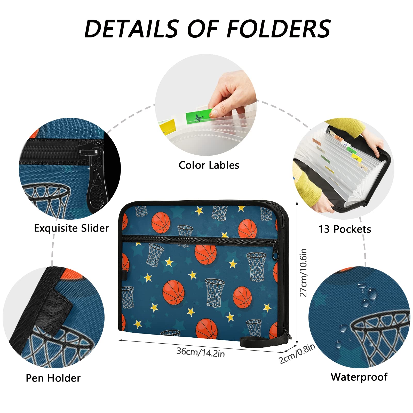 13 Pocket Expanding Basketball File Folder with Labels - Plastic Document Organizer for A4 Paper, School, Office & Travel Use - Portable Filing Bag for Sports Enthusiasts & Professionals