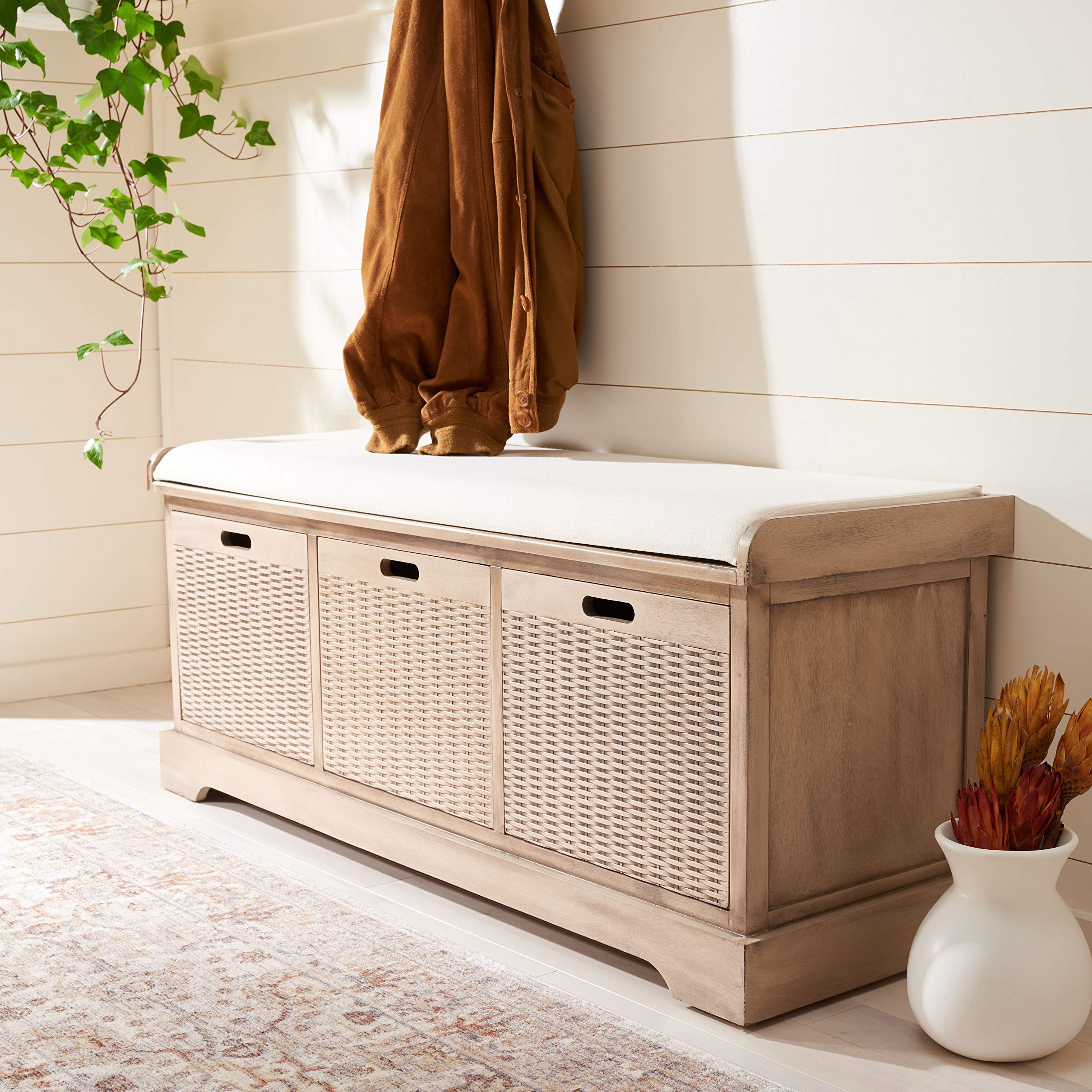 SAFAVIEH Landers Sand 3-Drawer Storage Ottoman Bench with Cushion | Multi-Functional Entryway, Bedroom & Living Room Furniture | BCH5703D