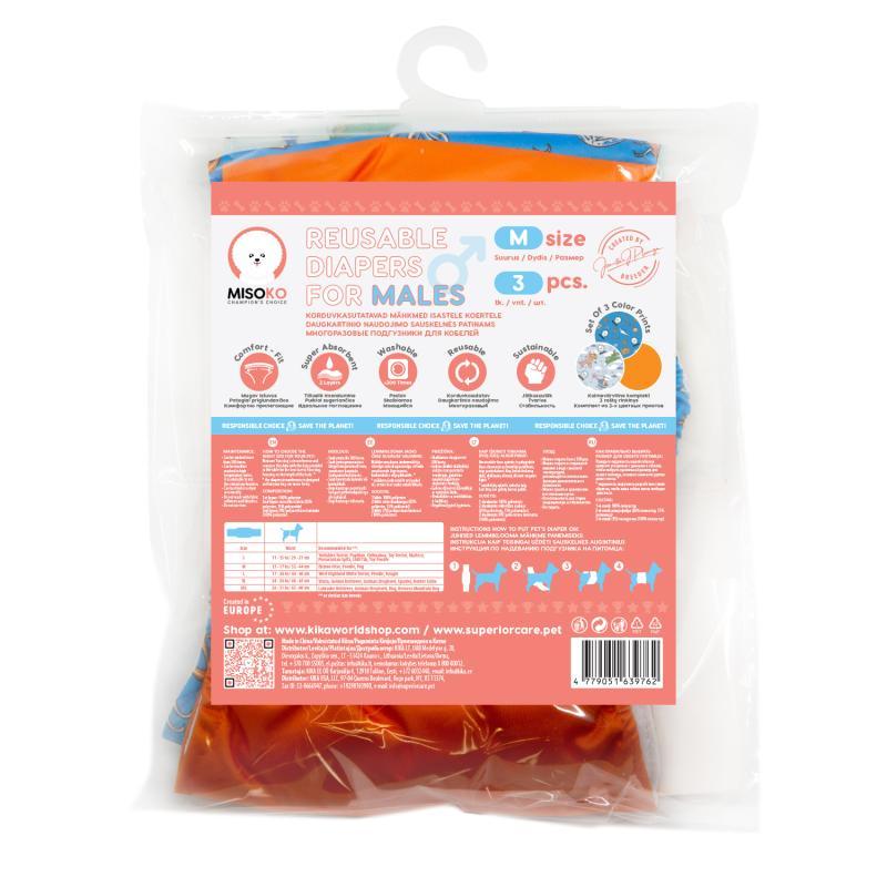 Misoko Reusable Dog Diapers for Male Dogs - Washable & Leak Proof - 3 Pack (Voyage) - Perfect for Travel, House Training & Senior Dogs