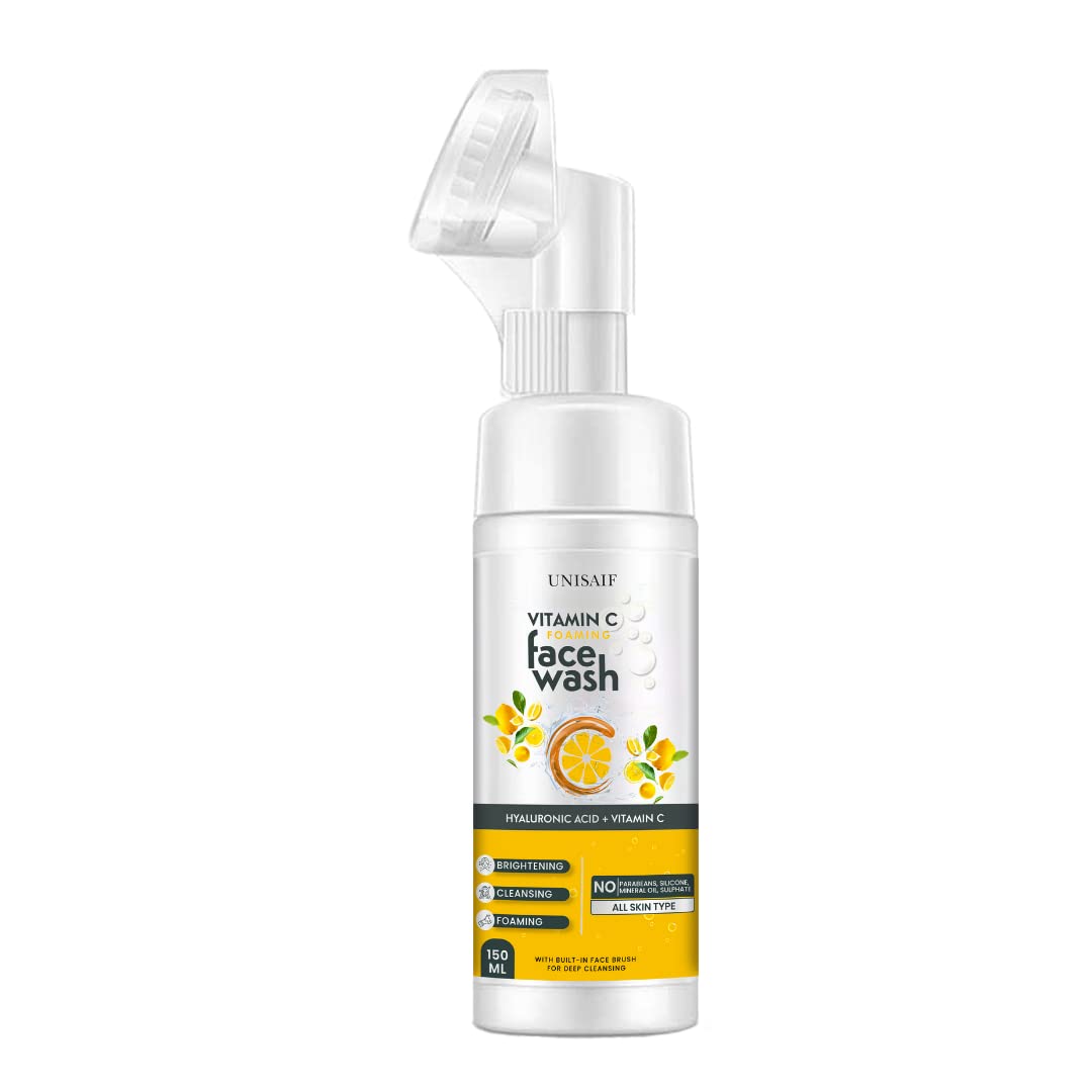 Unisaif Vitamin C Foaming Face Wash with Soft Brush - Brightening Cleanser for Women & Men | Pigmentation Treatment for Combination Skin | 150ml | Perfect for Daily Skincare Routine & Acne-Prone Skin Care
