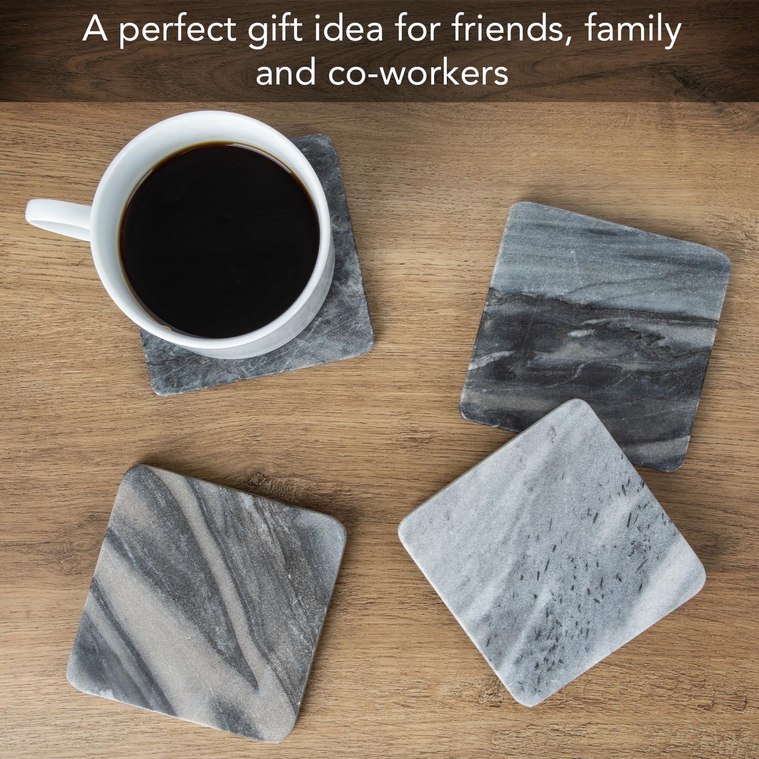 Thirstystone 4 Pack Natural Marble Square Coasters with Cork Backing - Elegant & Durable Drink Coasters for Home, Bar, Office - Easy to Clean & Scratch Resistant