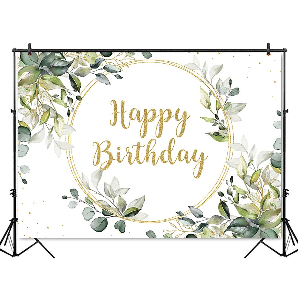 Premium Greenery Gold Birthday Backdrop - 8x6ft Eucalyptus Happy Birthday Party Background for Cake Table, Photo Booth, Decor - Elegant Green Leaves Banner for Wedding, Baby Shower, Anniversary Celebrations