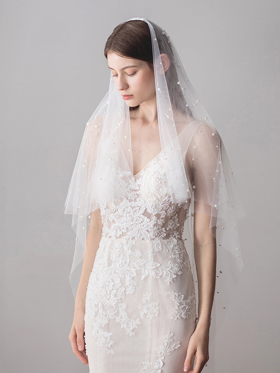 2 Layers Tulle Midi Wedding Veil With Pearls - Elegant Bridal Accessory for Wedding Ceremony & Photography - V607xmj