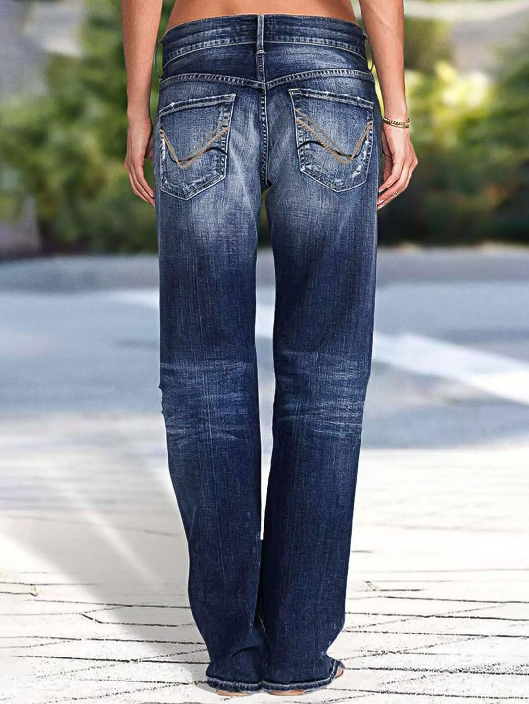 Flamingals Women's Low Rise Straight Leg Stretchy Ripped Raw Hem Denim Jeans - Casual Comfort for Everyday Wear, Date Night & Weekend Outings