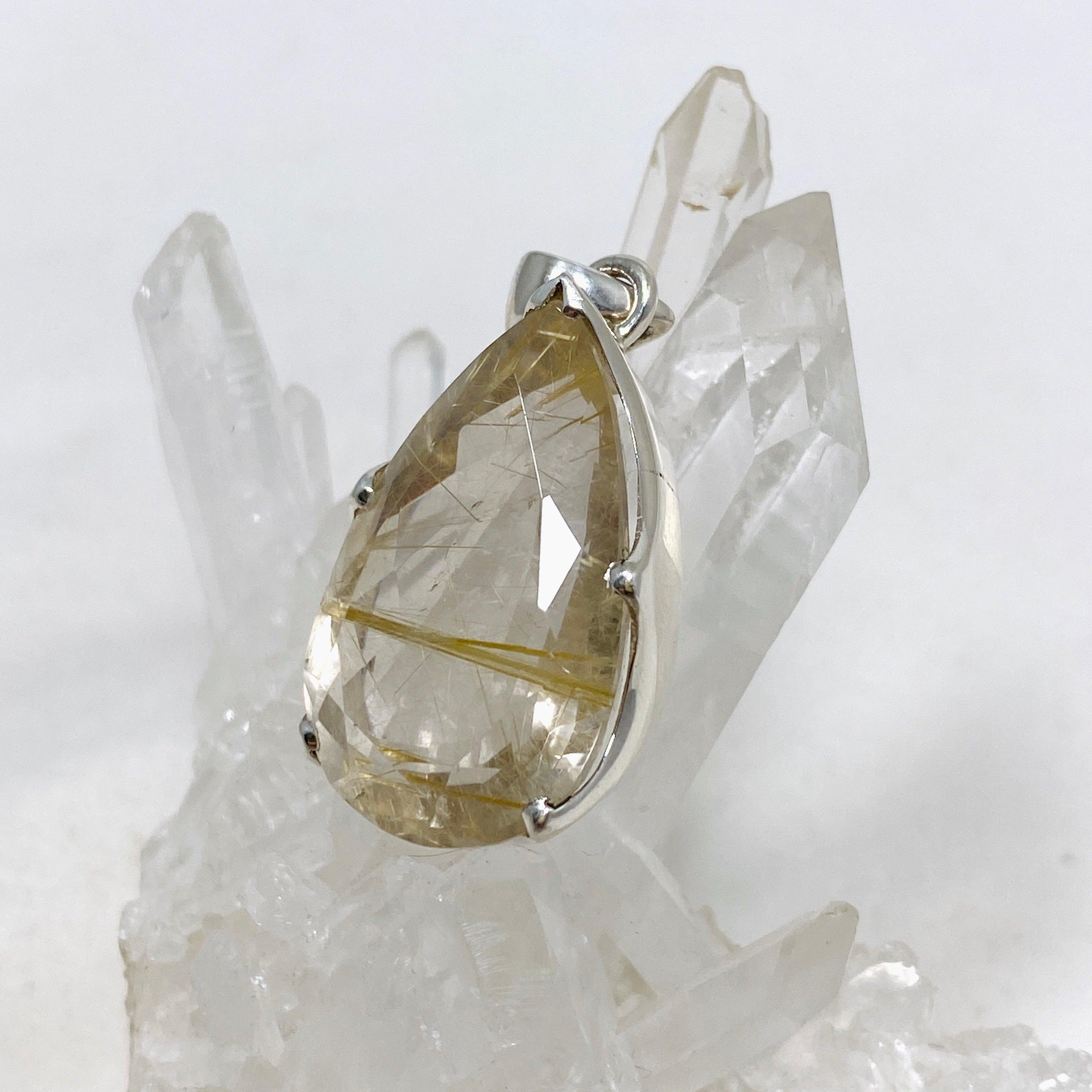 Natural Rutilated Quartz Faceted Teardrop Pendant Necklace - Elegant Golden Needle Inclusions - Perfect for Spiritual Healing, Meditation & Boho Jewelry Collection