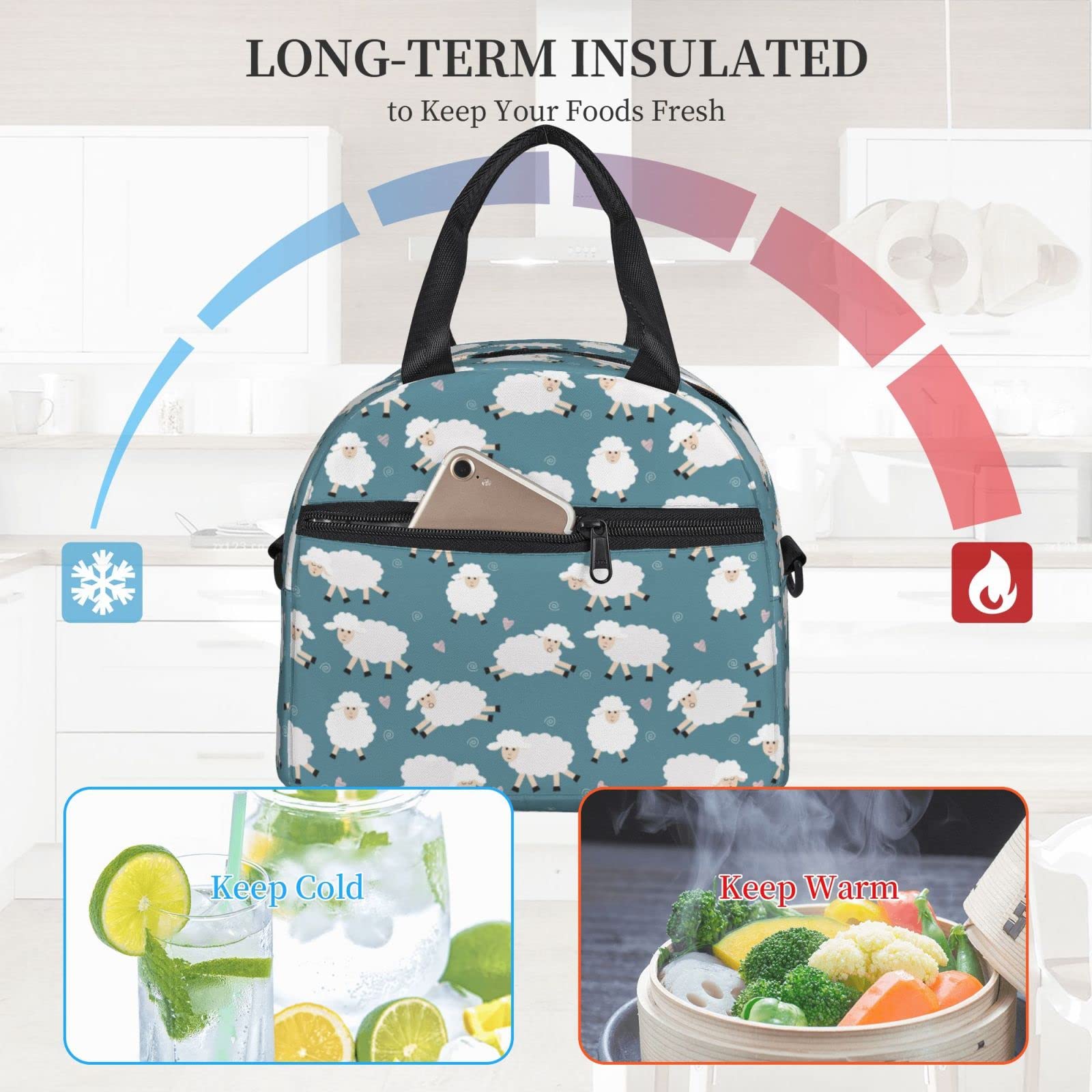 Insulated Reusable Lunch Bag with Adjustable Shoulder Strap - Cute Sheep Design for Office, School, Picnic & Travel | Eco-Friendly Food Container for Work Lunch or Outdoor Activities
