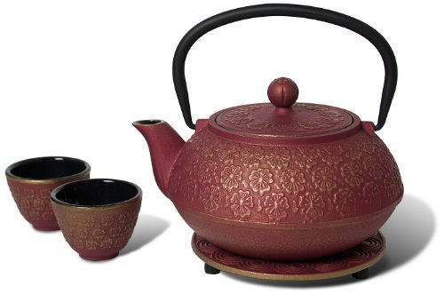 Miya Scarlet Blossom Cast Iron Teapot Set - 18oz Japanese Tetsubin with Infuser, Pink Floral Design - Perfect for Tea Ceremonies, Home Decor & Gift Giving