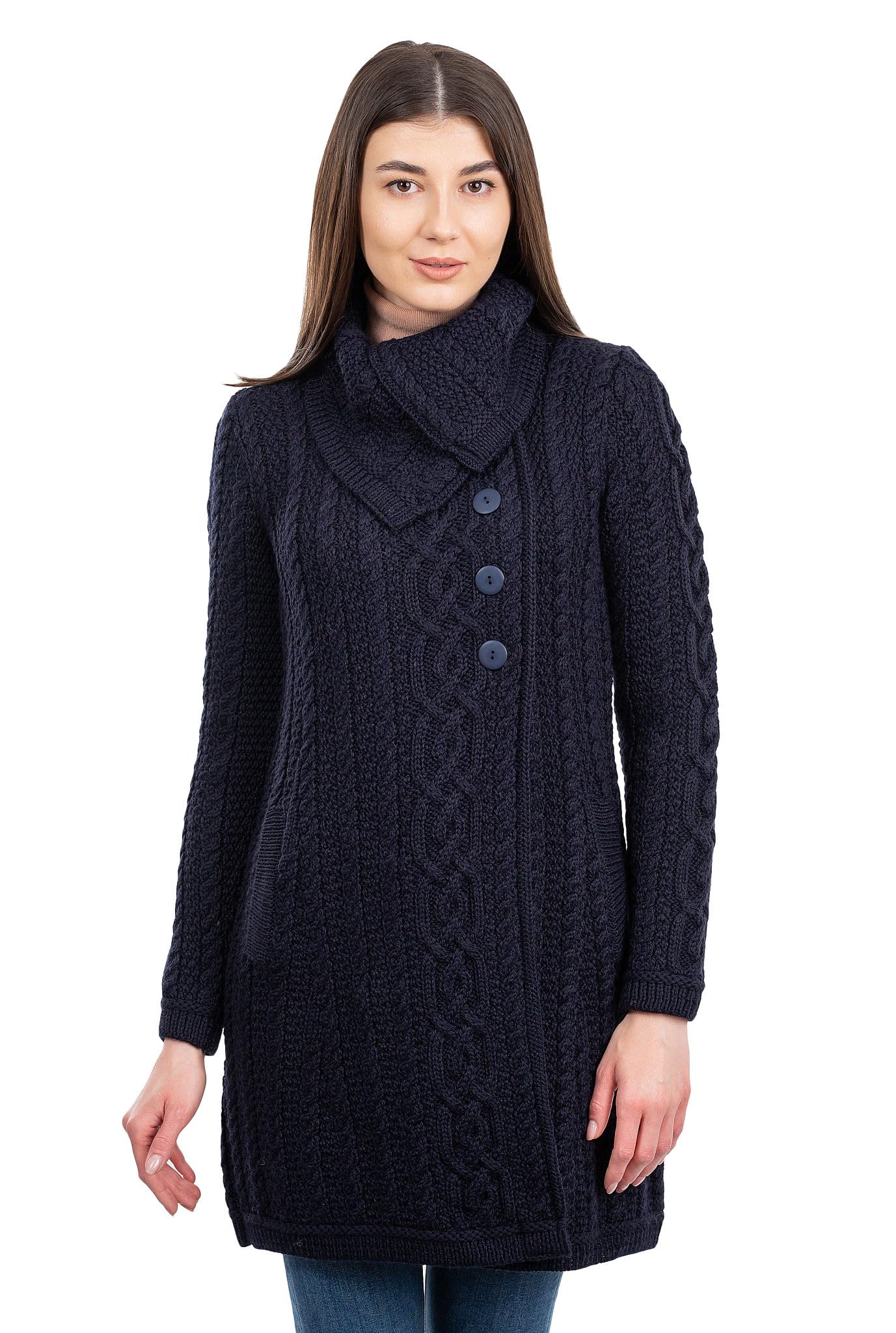 SAOL Women's Irish Cardigan Sweater - Soft Merino Wool Blend with Side Pockets & Oversized Collar | Cozy Fall & Winter Layering for Office, Casual Outfits
