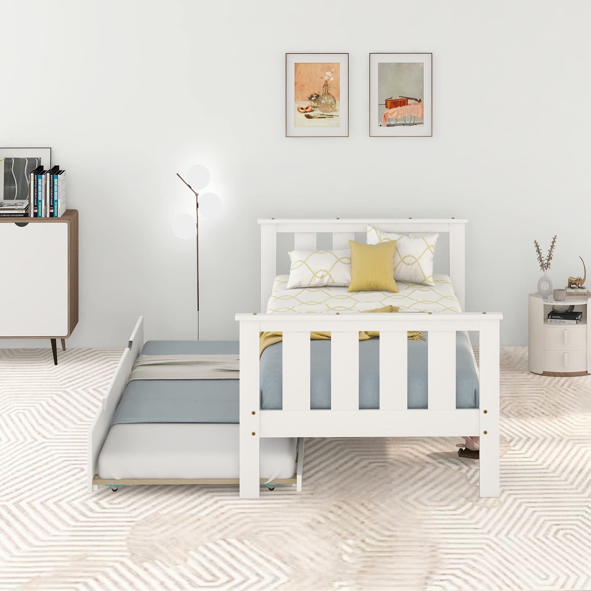 Harper & Bright Designs Twin Size Wooden Platform Bed with Headboard and Trundle - Space-Saving Bed for Kids, Teens, and Guest Rooms - White (Perfect for Small Bedrooms and Sleepovers)