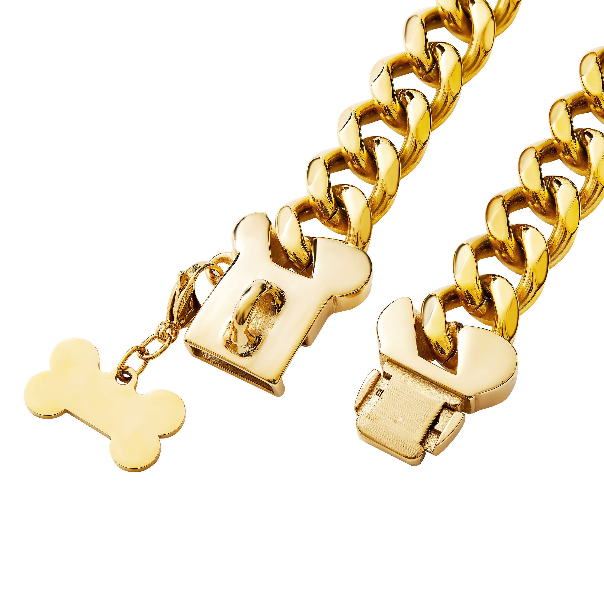 Stainless Steel Gold Cuban Link Dog Collar - Heavy Duty Pet Collar for Small, Medium & Large Dogs - Adjustable Safety Buckle - Perfect for American Bully, French Bulldog & More - Great for Daily Walks, Training & Fashion Accessories