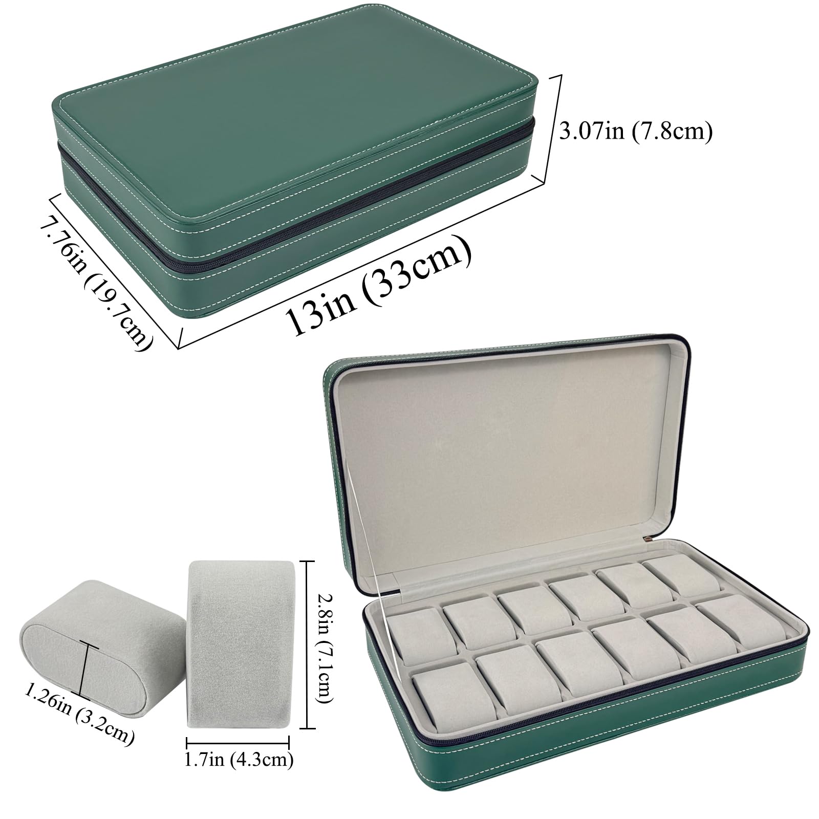 12-Slot Travel Watch Case for Men & Women - PU Leather Watch Storage Box with Zipper Closure & Soft Removable Pillows (Green) | Perfect for Business Trips, Vacations & Watch Collection Organization