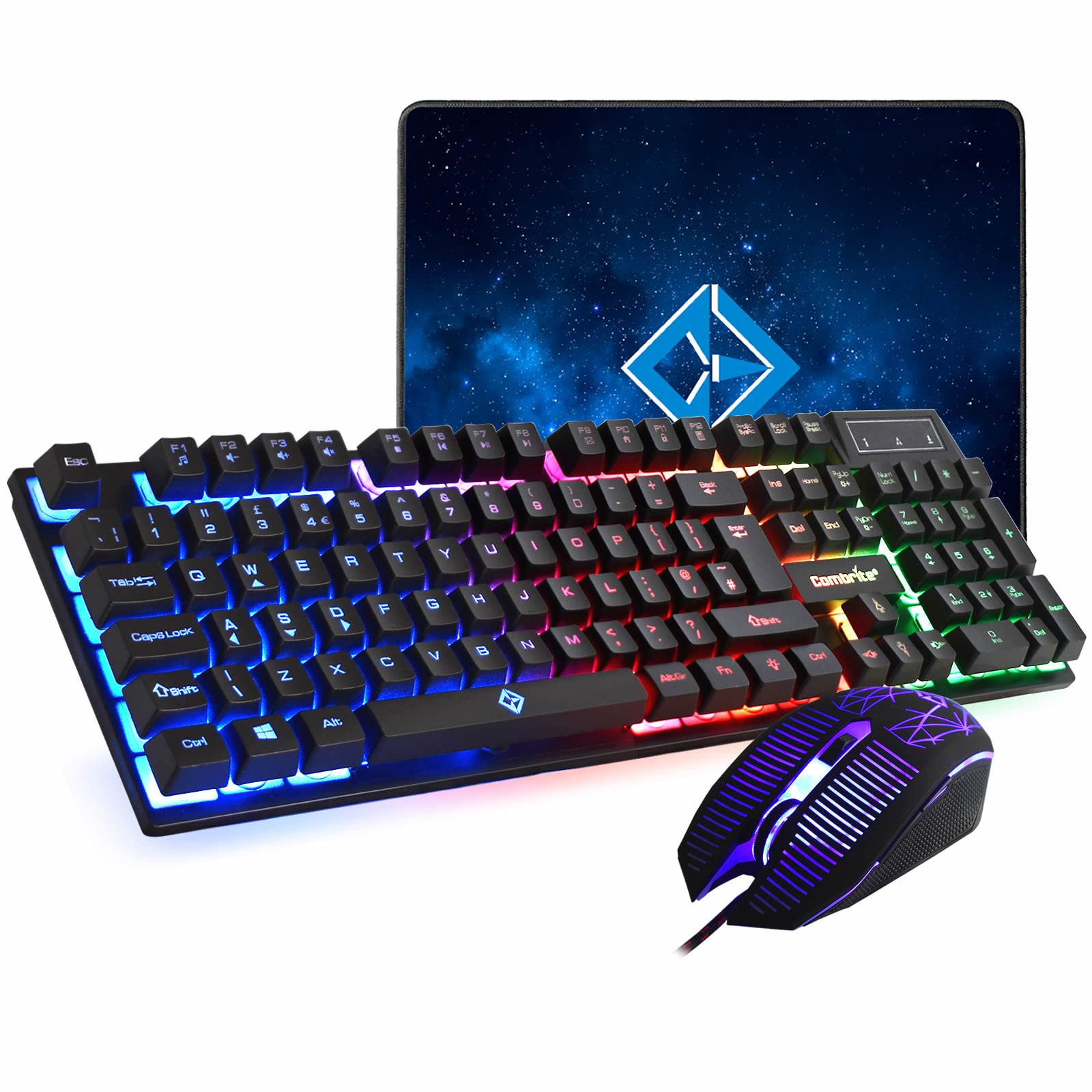 Combrite Raptor Gaming Keyboard and Mouse Set with Large Mouse Pad, RGB LED Backlit, USB Wired Desktop Combo, UK Layout - for PC, Laptop, PS4, Xbox One (Black) - Perfect for Gaming, Office Work, and Home Entertainment