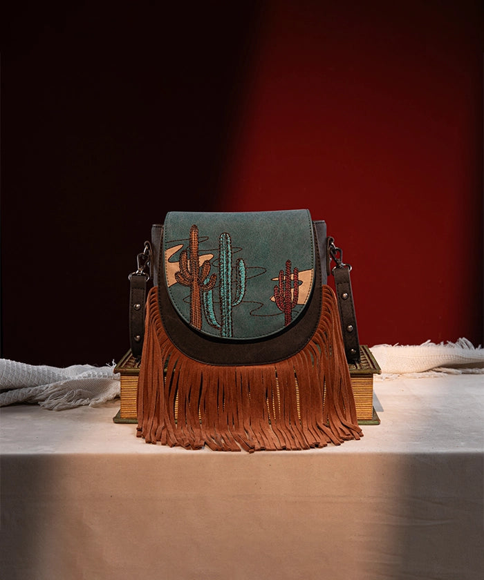Montana West Cactus Embroidered Fringe Crossbody Bag for Women - Stylish Western Purse with Adjustable Strap - Perfect for Casual Outings, Music Festivals & Travel