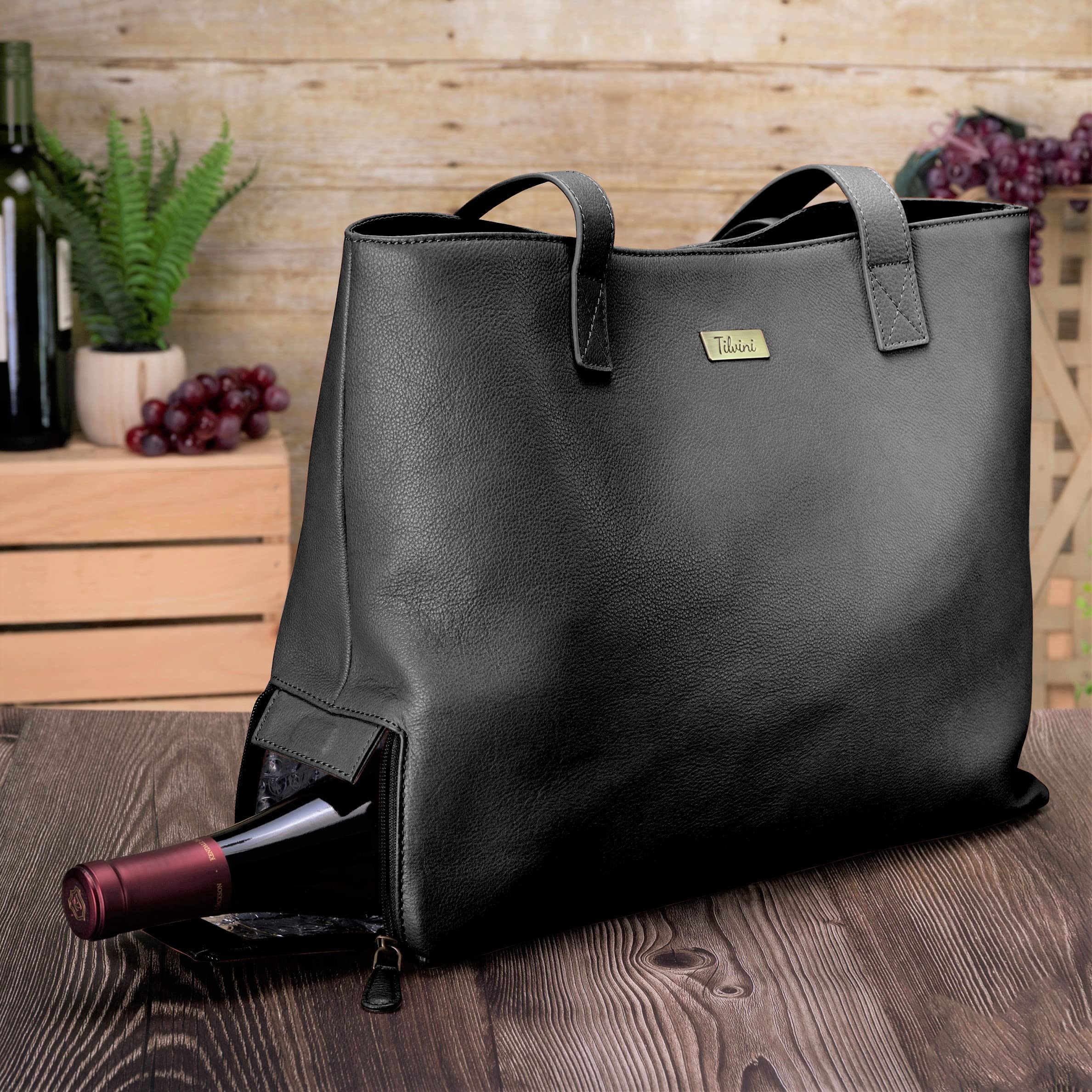 Tilvini Genuine Leather Wine Tote Bag with Insulated Wine Bottle Compartment - Perfect Wine Gift for Women, Travel Wine Cooler Bag, Picnic & Beach Carrier (Black) - Ideal for Outdoor Parties, Romantic Dates & Vacation Getaways