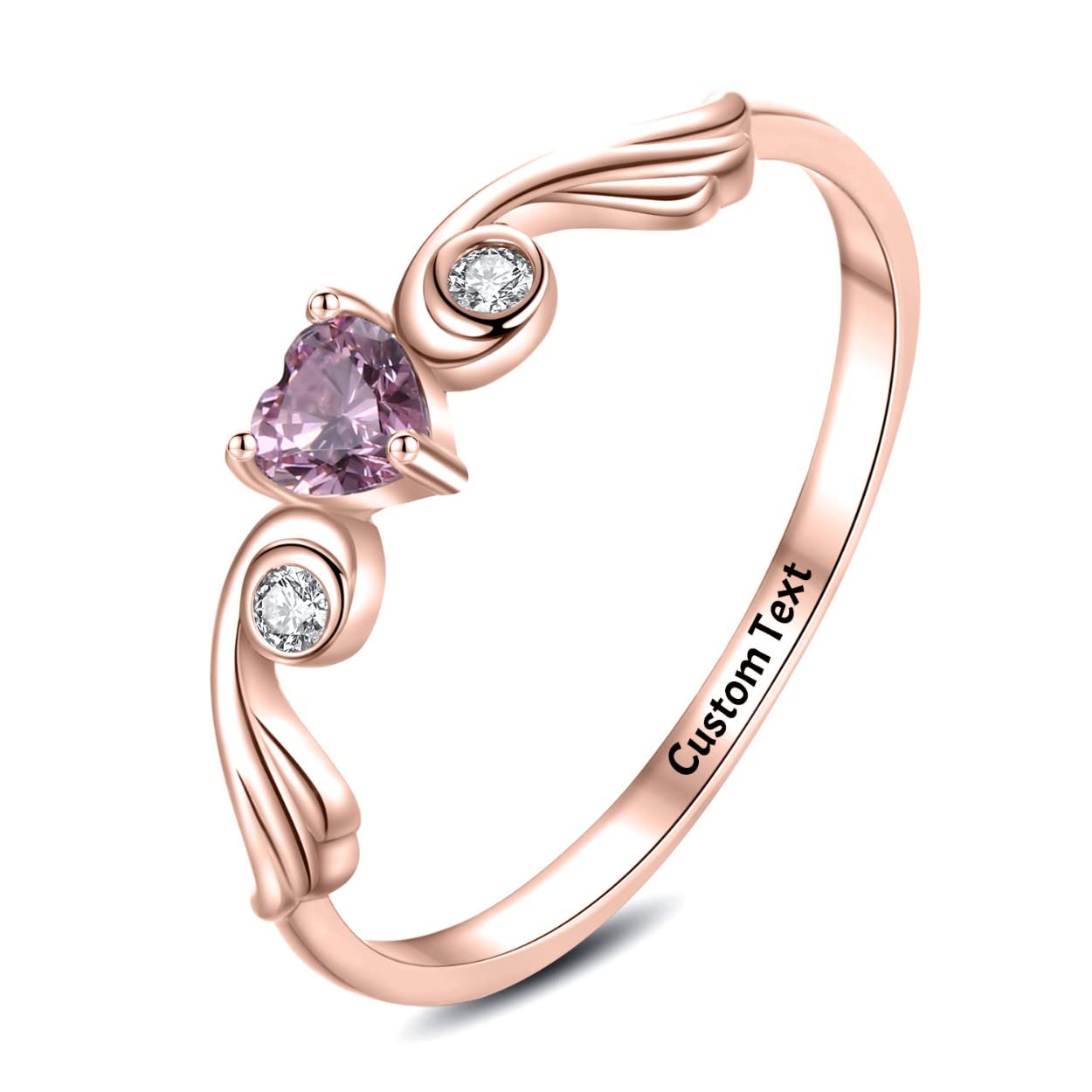 Kissmeta Sterling Silver Mother Daughter Rings with 3 Birthstones - Personalized Engraved Name, Stackable Angel Wing Heart Jewelry - Perfect for Mother's Day, Birthday Gifts & Miscarriage Memorial (Customizable)