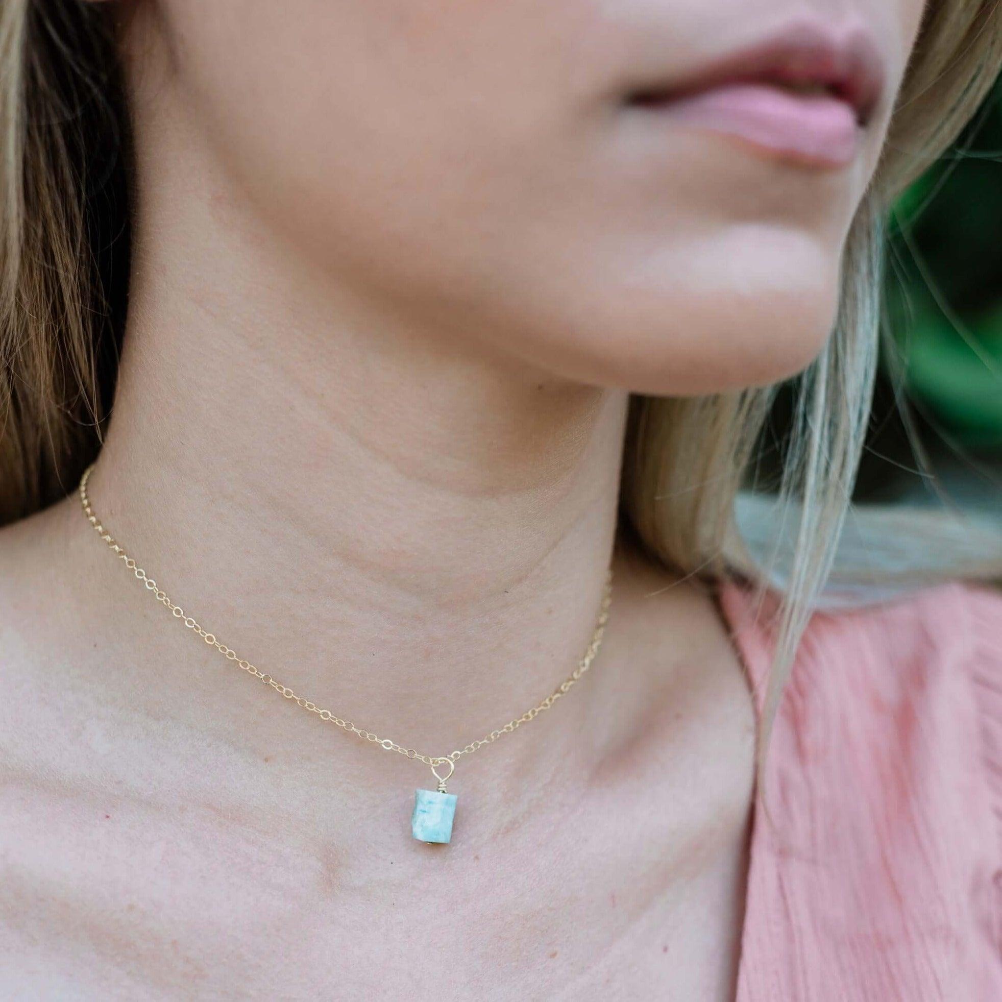 Natural Tiny Rough Larimar Gemstone Pendant Choker Necklace - Handmade Blue Stone Jewelry for Women, Boho Beach Style, Perfect for Casual Wear & Gift Giving