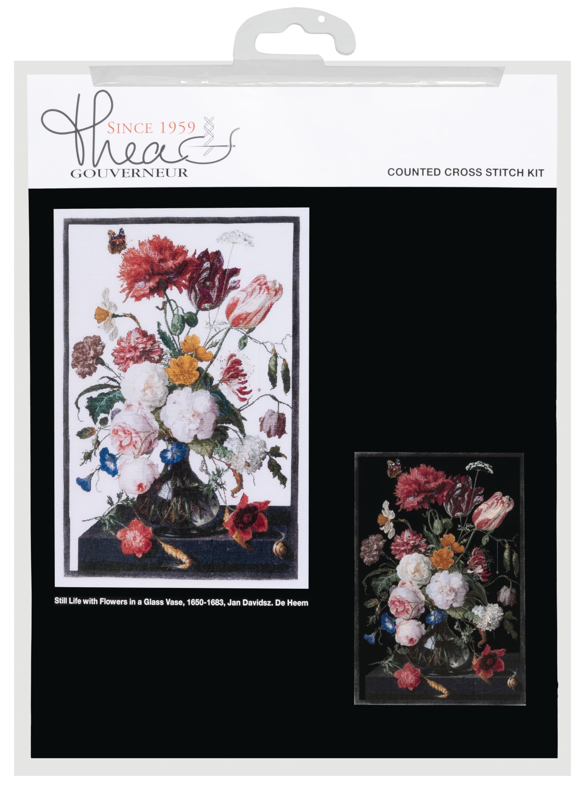 Thea Gouverneur Counted Cross Stitch Kit - Still Life with Flowers in Glass Vase, 36 Count Linen with DMC Embroidery Threads - Complete Adult Cross Stitch Supplies for Home Decor & Gift Giving