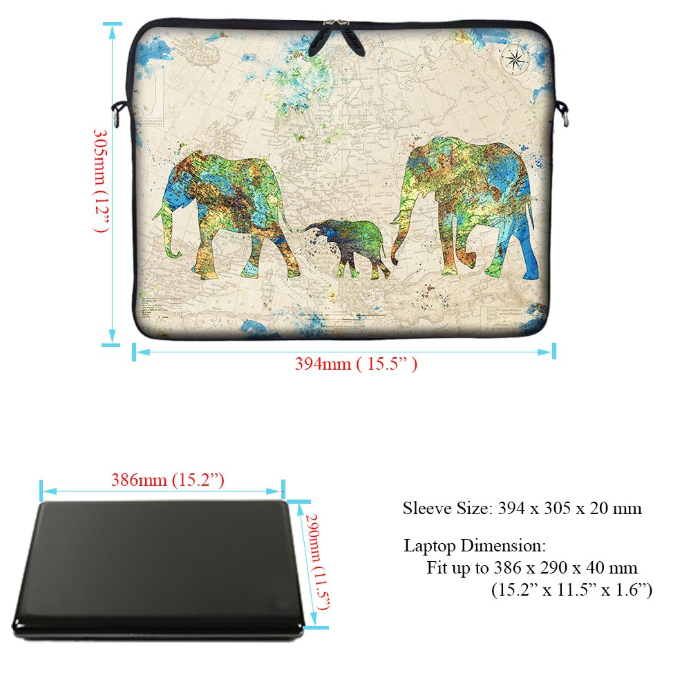 Meffort Inc 15-15.6 Inch Neoprene Laptop Sleeve Bag with Hidden Handle & Adjustable Shoulder Strap - Elephant Design for MacBook, Dell, HP - Perfect for School, Office, Travel