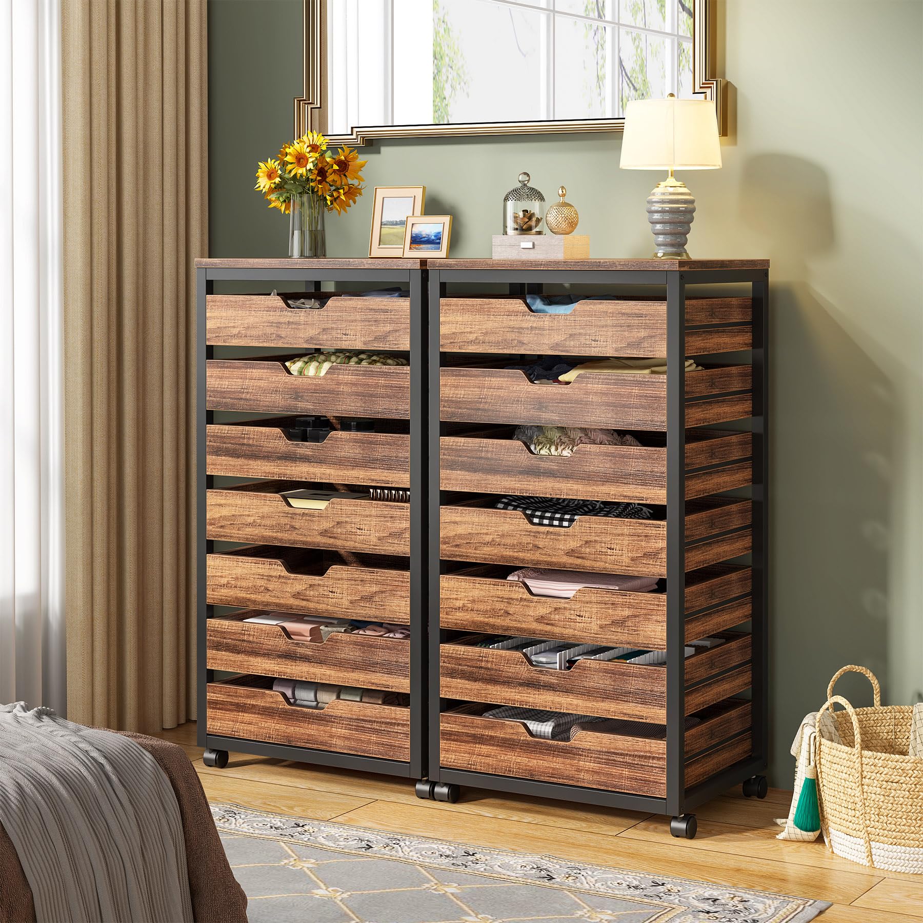 Tribesigns 7-Drawer Wooden File Cabinet with Wheels - Mobile Storage Drawer Unit for Office & Home, Industrial Rolling Printer Stand, Rustic Brown - Perfect for Home Office Organization & Document Storage