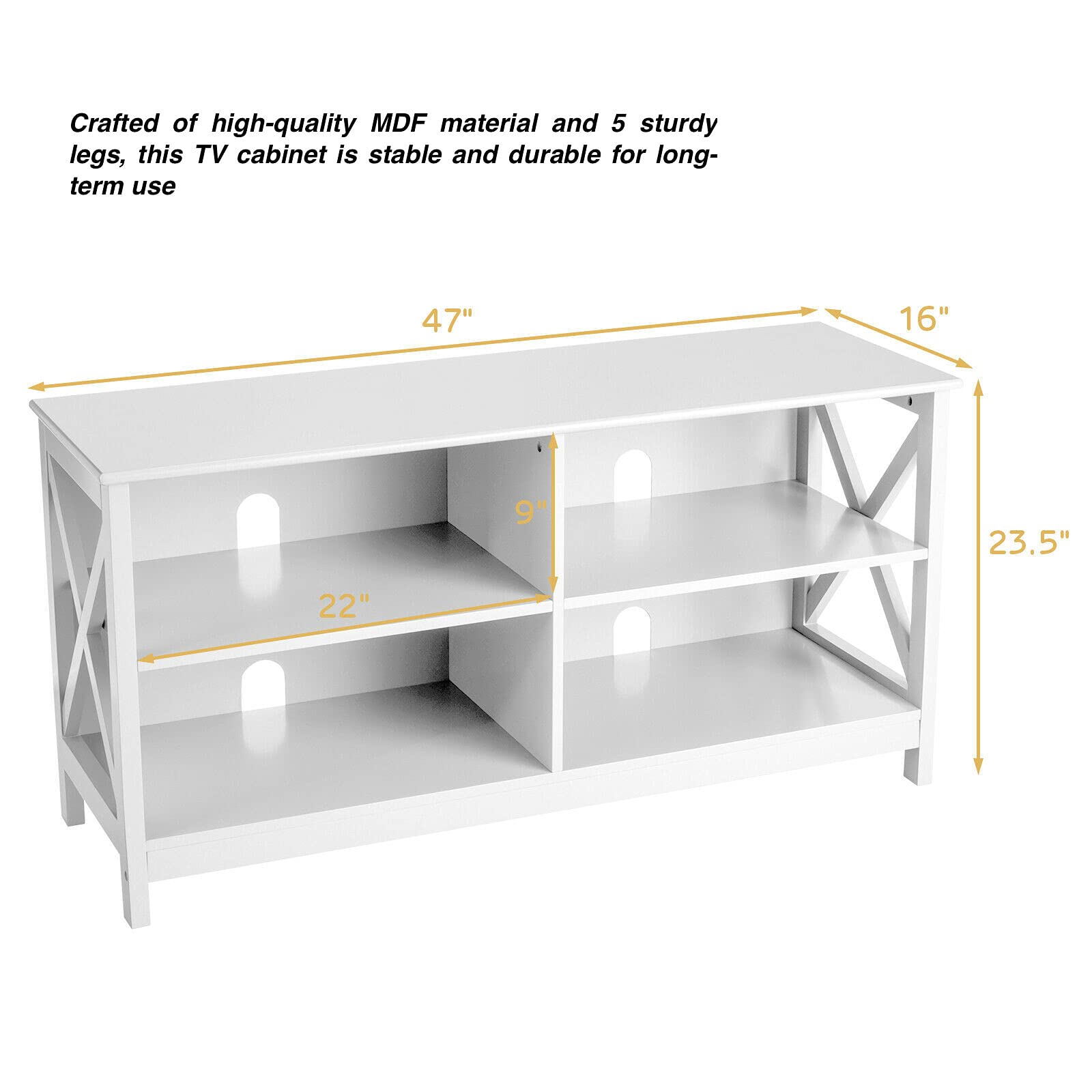 White TV Stand Entertainment Center with 4 Open Shelves - Holds DVD Player, Gaming Console, Cable Box, Books & Plants - Wire Management Holes & Large Tabletop Fits 55