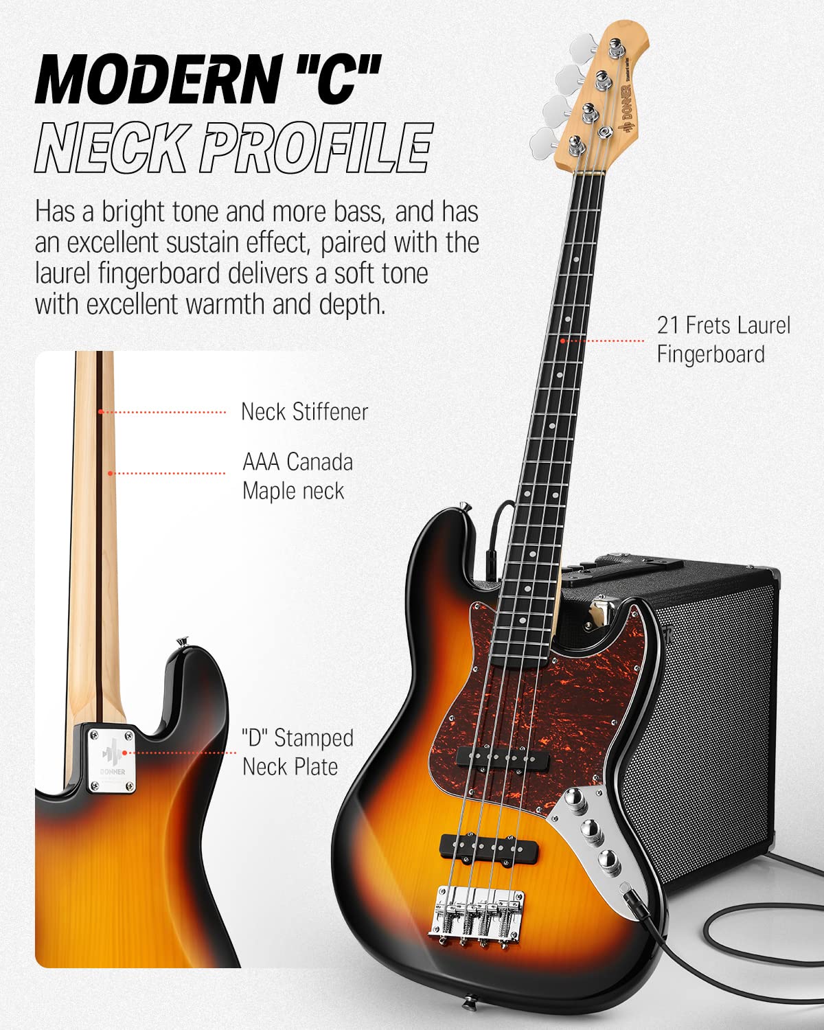 Donner DJB-510 4-String Full Size Electric Bass Guitar Kit for Beginners - Sunburst JB-Style Bass with Gig Bag, Strap, Cable & Free Online Lessons | Perfect for Practice, Recording & Live Performances