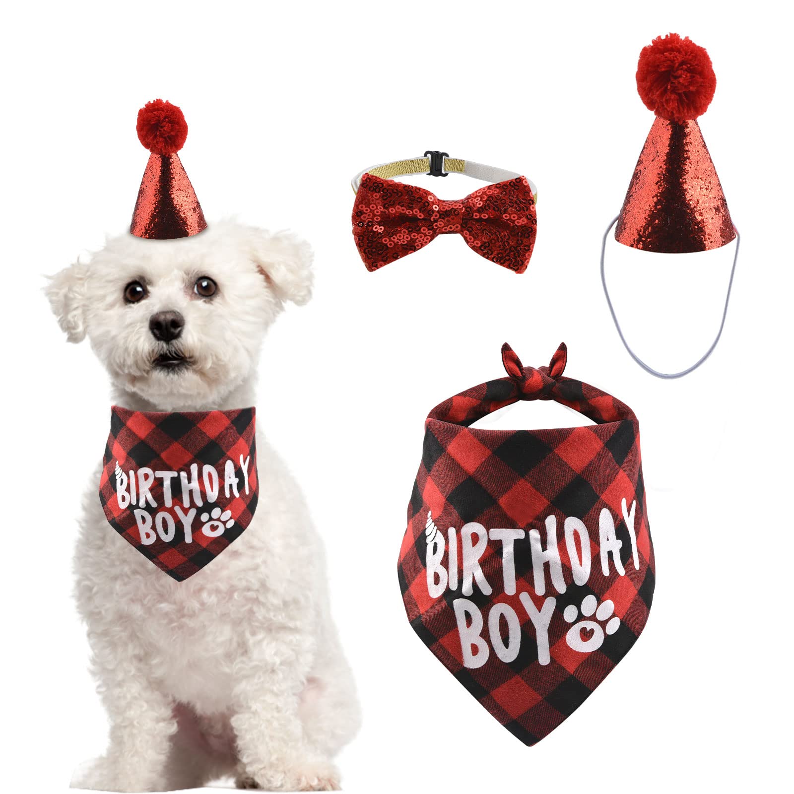 HACRAHO 2-Piece Dog Birthday Bandana and Hat Set - Cute Plaid Scarf & Party Hat for Puppy Birthday Outfits - Perfect for Dog Birthday Parties, Photo Shoots & Special Occasions (Red)