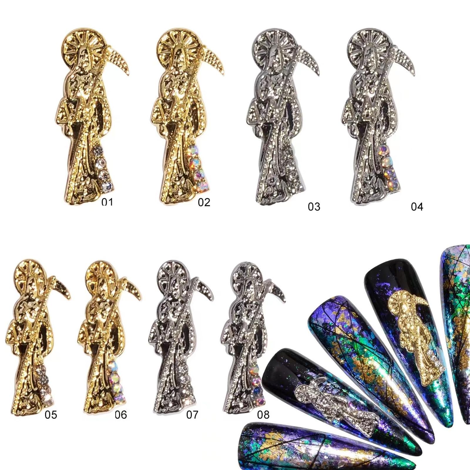 16PCS Santa Muerte Nail Charms - Gold & Silver Alloy Grim Reaper Nail Rhinestones for Acrylic Nails, Nail Art Gems & DIY Manicure Accessories | Perfect for Halloween, Gothic Nail Designs & Unique Nail Art Creations
