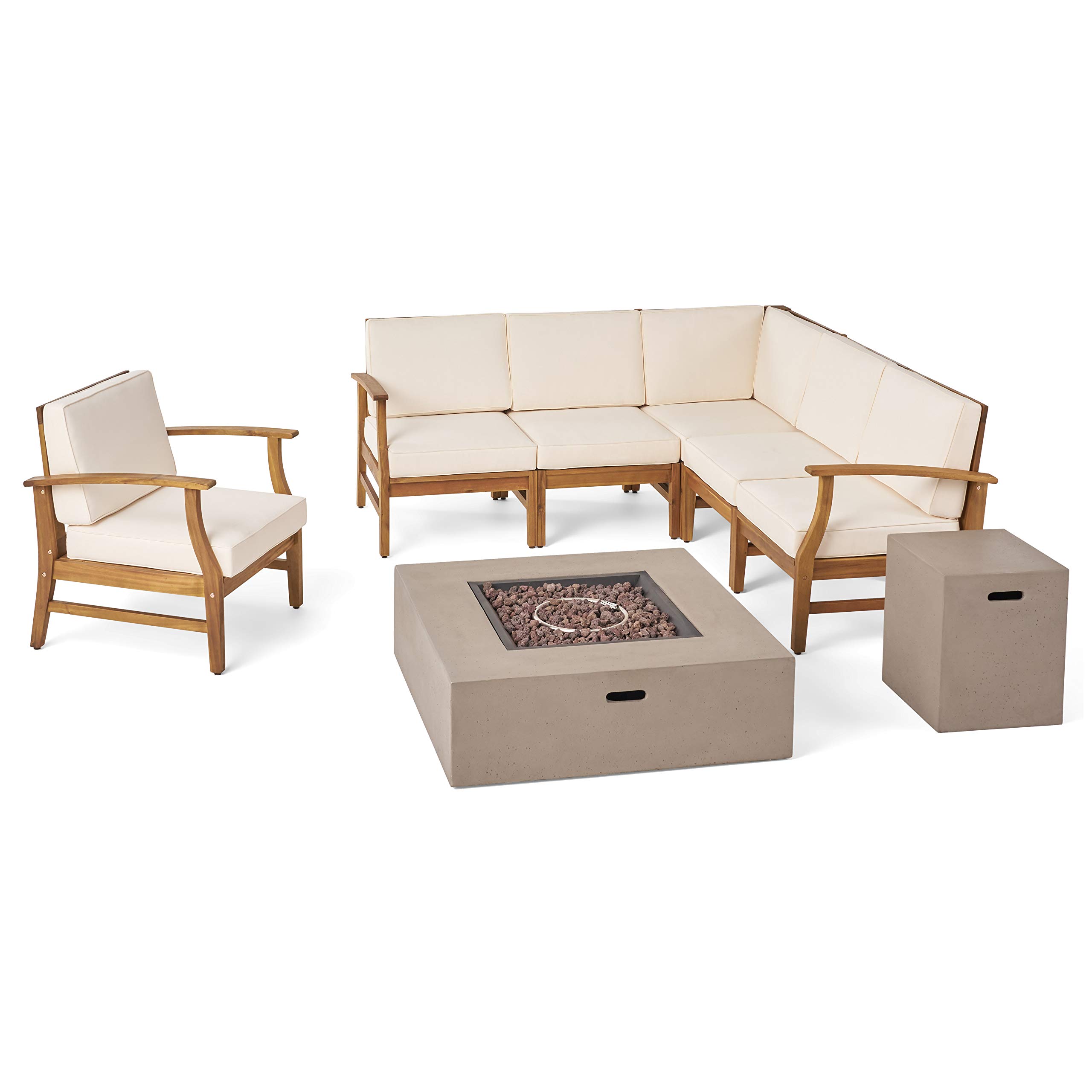 Premium 6-Piece Acacia Wood Outdoor Sofa Set with Square Fire Pit Table & Tank - Teak, Creme & Light Gray Patio Furniture for Backyard, Garden, Poolside & Deck Relaxation