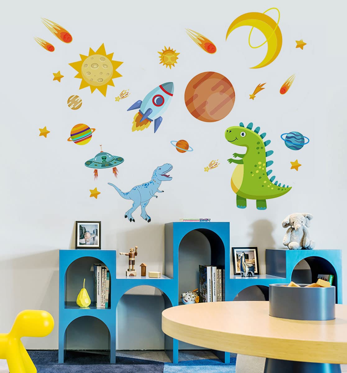 Dinosaur Outer Space Wall Decals - Dino Rocket Spaceship Wall Stickers for Kids Room, Nursery & Classroom Decor | Solar System & Animal Planet Theme | Perfect for Bedroom, Playroom & Learning Spaces
